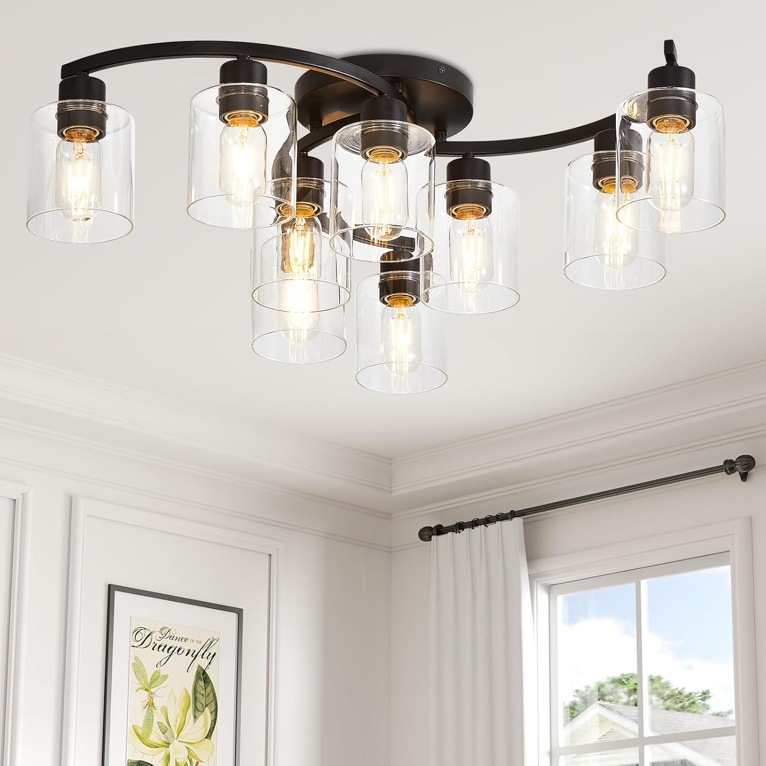 Semi Flush Mount Ceiling Light Fixtures, Black Kitchen Light Fixtures Ceiling Mount, 9 Light Industrial Ceiling Lights with Clear Glass Shade for Bedroom Hallway Living Room