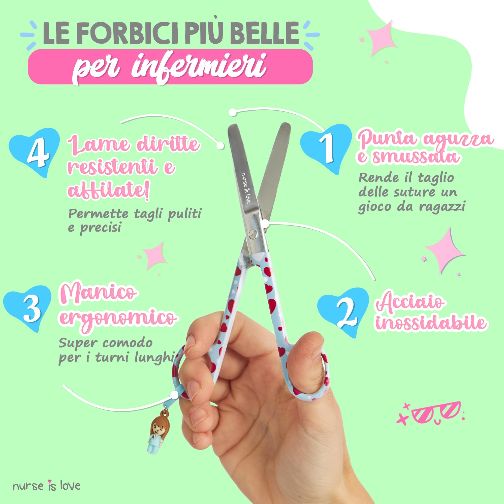 Nurse is Love Forbici Punta Arrotondata per Bende - Forbici di Pronto Soccorso | Kit Pronto Soccorso | Acciaio Inossidabile | Design Esclusivo con Charm - G Hearts