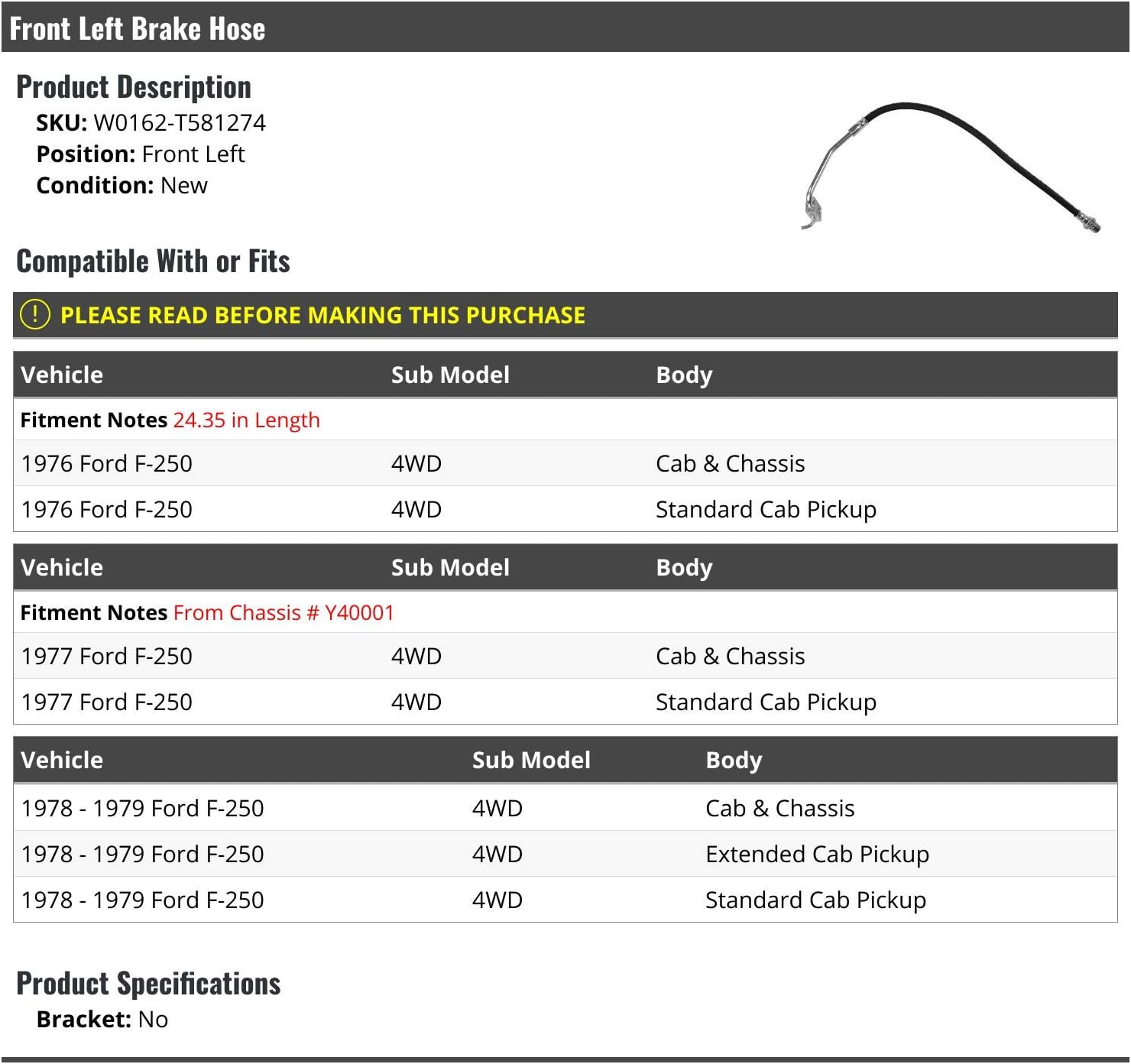 Marketplace Auto Parts Front Left Driver Side Brake Hose - 24.35 Inch Length - Compatible with 1976-1979 Ford F-250 4WD
