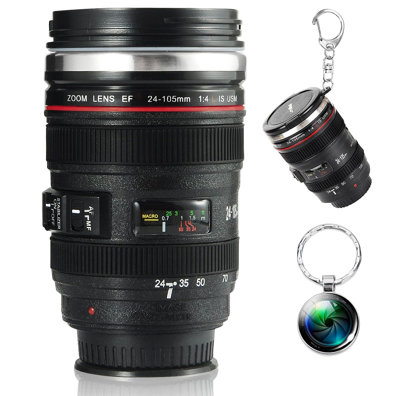 Coffee Mug, Lens Mug Set, Leak-Proof Camera Travel Mug, Stainless Steel, Key Ring for Mini Camera Lens Cup and Camera Bezel Lens Cup for Photographers