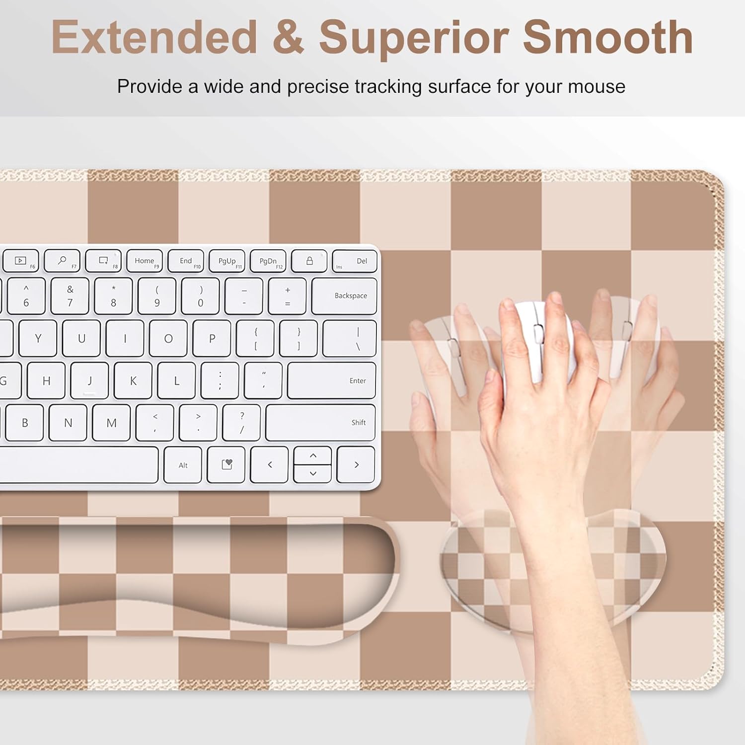Beige Khaki Checkered Mouse Pad Set, 4 in1 Large Gaming Ergonomics Keyboard Desk Mat with Memory Foam Wrist Rest, Extended Game Mousepad, Non-Slip Desk Pad Matt Easy Typing Pain Relief