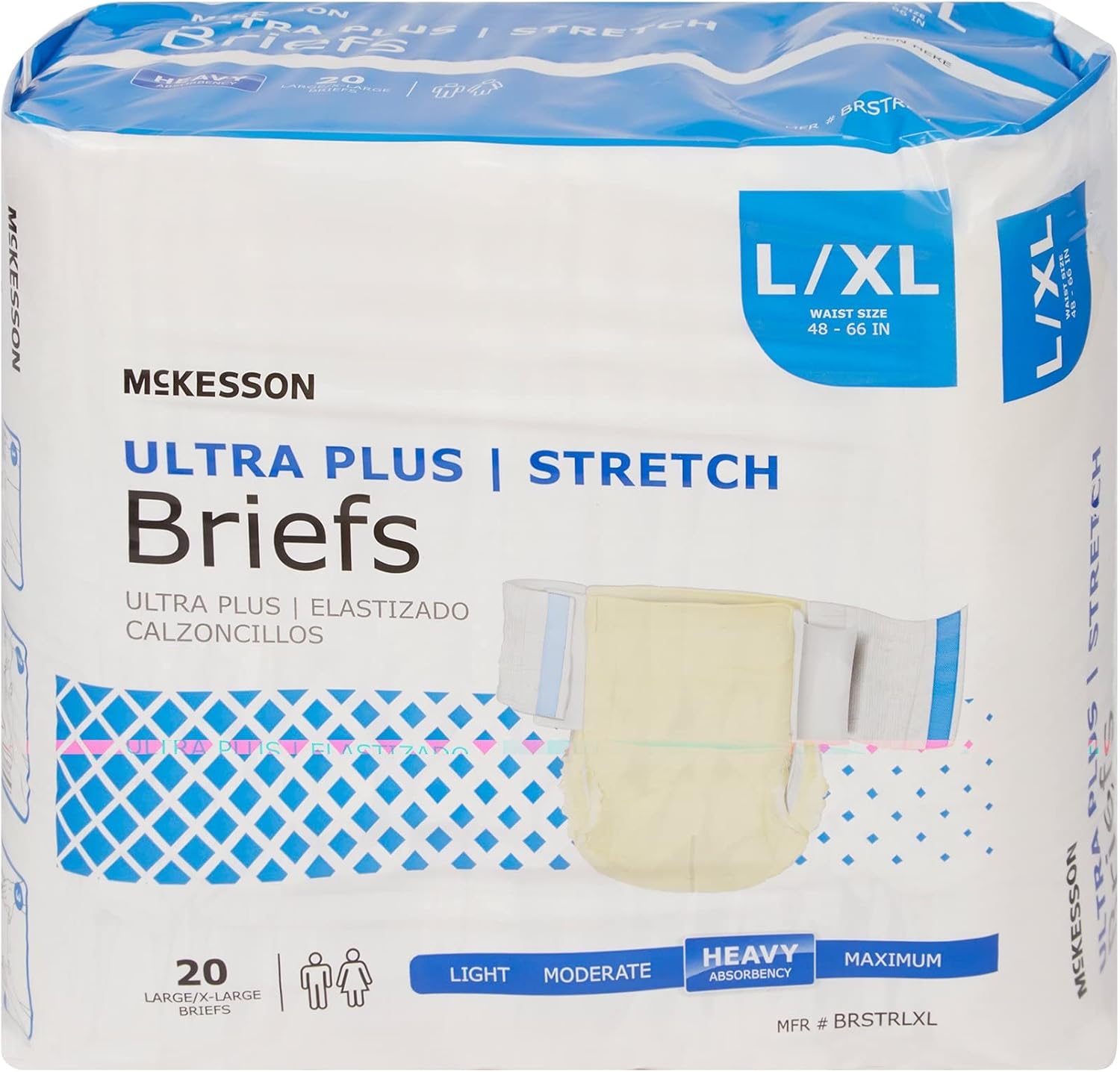 McKesson Ultra Plus Stretch Briefs, [20 Count], L/XL, 48-66 in. Incontinence Adult Diapers, Heavy Absorbency, Unisex, Disposable, Elastic Leg Gathers and Contoured Fit for Men and Women