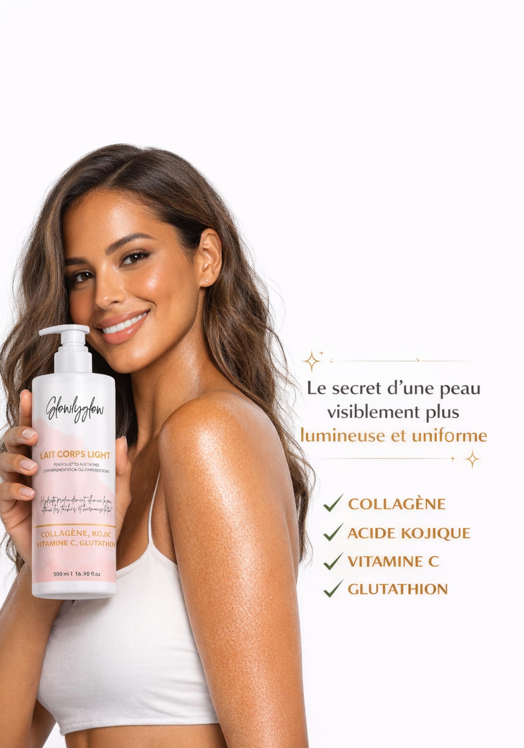 Lait Corps Light – Lait Éclaircissant 500 ml – Glutathion, Vitamine C, Acide Kojique & Niacinamide – Hydratant Corps, Anti-taches, Teint Lumineux & Uniformisé