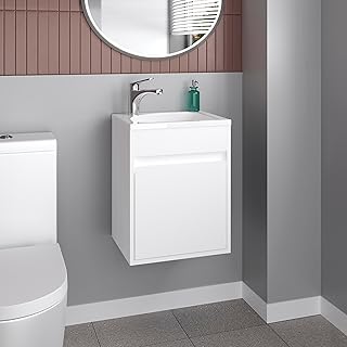 Wide Floating Bathroom Vanity 18 Inch Wall-Mounted Compact Vanity with R...