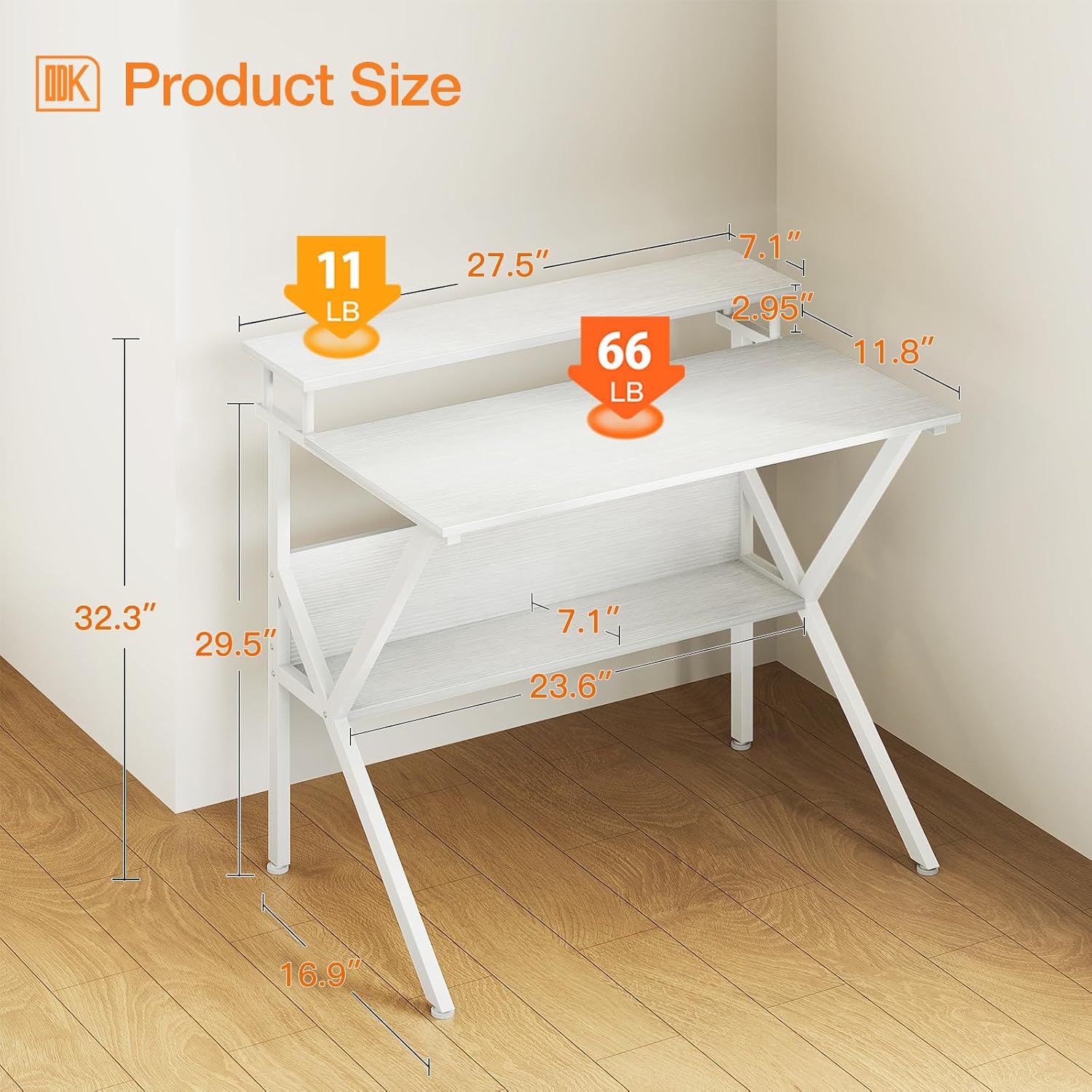 ODK 27.5 Inch Small Desk with Storage & Monitor Stand, Pure White image 3