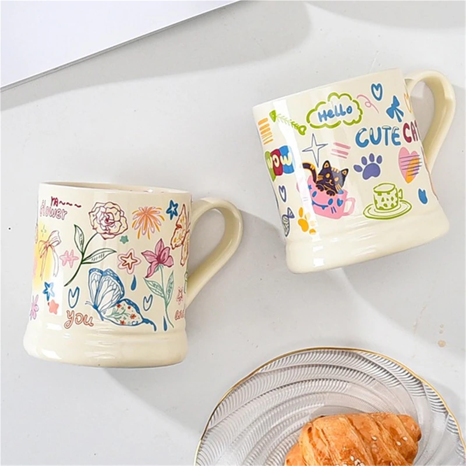 Tazas con Estampado de Flores, 2 uds., 370ml, Taza de café Creativa, Taza for Beber, Desayuno, Leche, Zumo, Grafiti Bonito, Taza de Agua for el hogar para Café y Leche