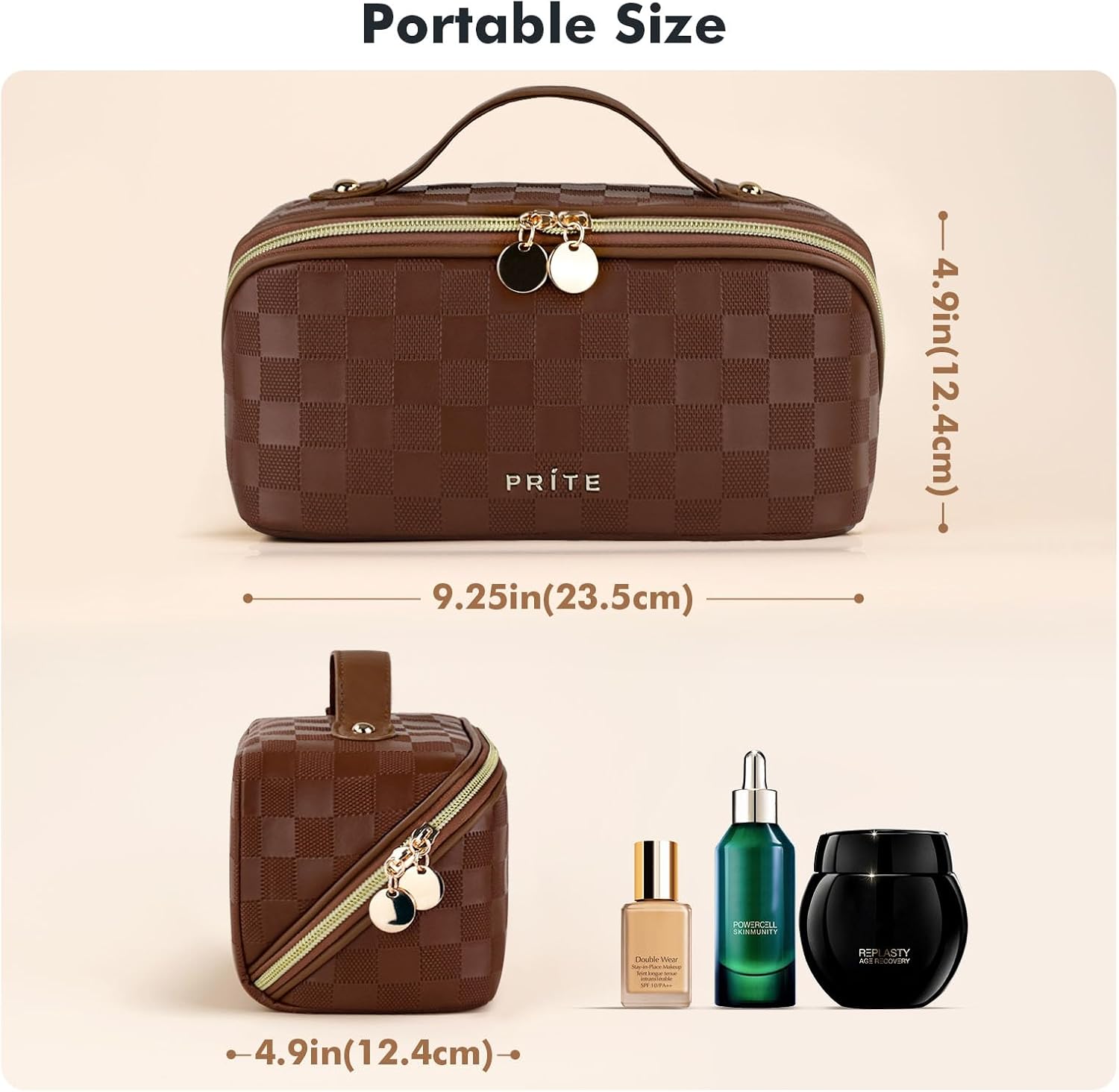 Prite Makeup Bag for Women Travel Waterproof Vegan Leather Cosmetic Bag Open Flat Toiletry Bag With Clear Divider and Handle (Plaid Brown) - Image 3