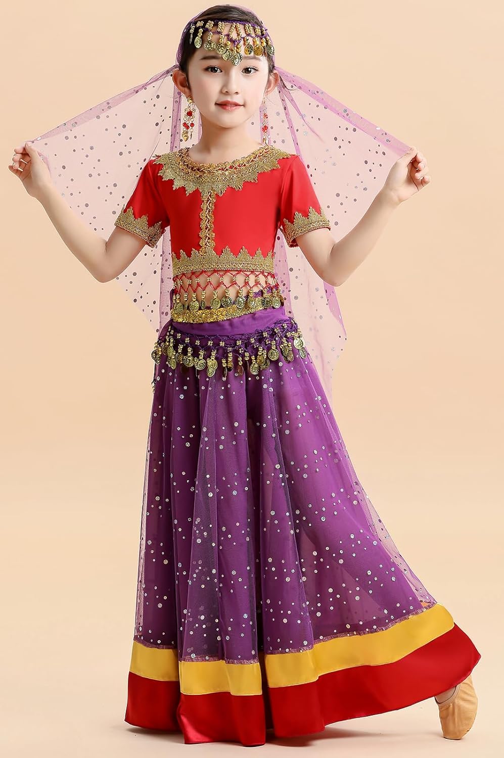 ORIDOOR Belly Dance Dress Girls Indian Bollywood Halloween Costume Chiffon Skirts Shiny Belly Dance Suits 4-Piece Outfit