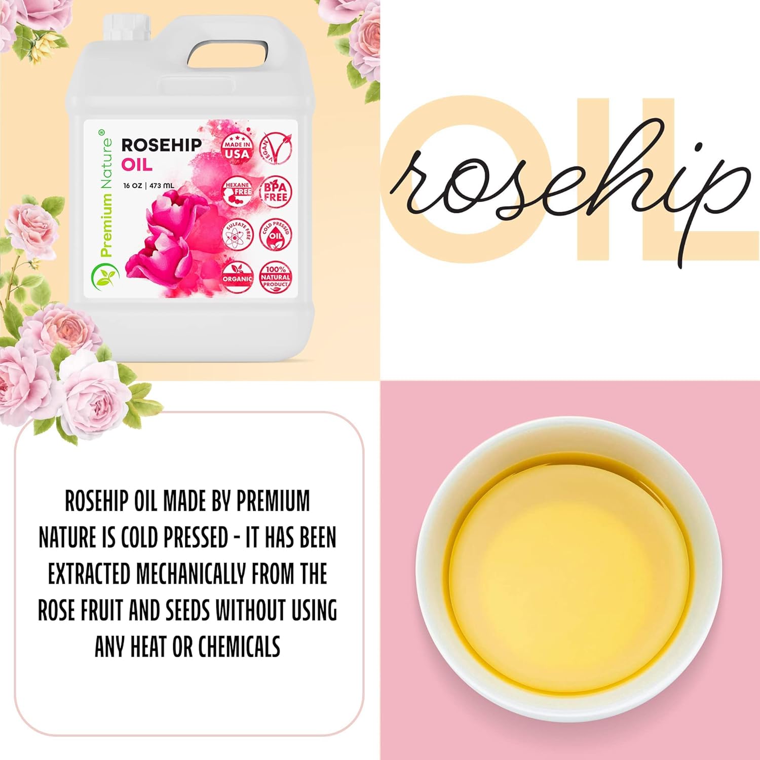 Rosehip Oil for Skin Face Body Hair Nails 16oz Cold Pressed Unrefined Rose Hip Seed Oils Moisturizing Facial Oils Bulk Aceite Rosa Mosqueta Puro 100 Organico Rose Oil For Face Oil For Dry Skin - Image 3