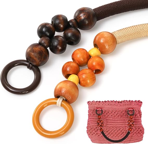 Jucoan 8 PCS Wooden Beaded Purse Handles, 4 Colors Rustic Bead Purse Strap Handles Replacement, 18.5 Inch Nylon Bag Handles with Beads and Rope for Summer Beach Bag Macrame Crochet Bag DIY Supplies