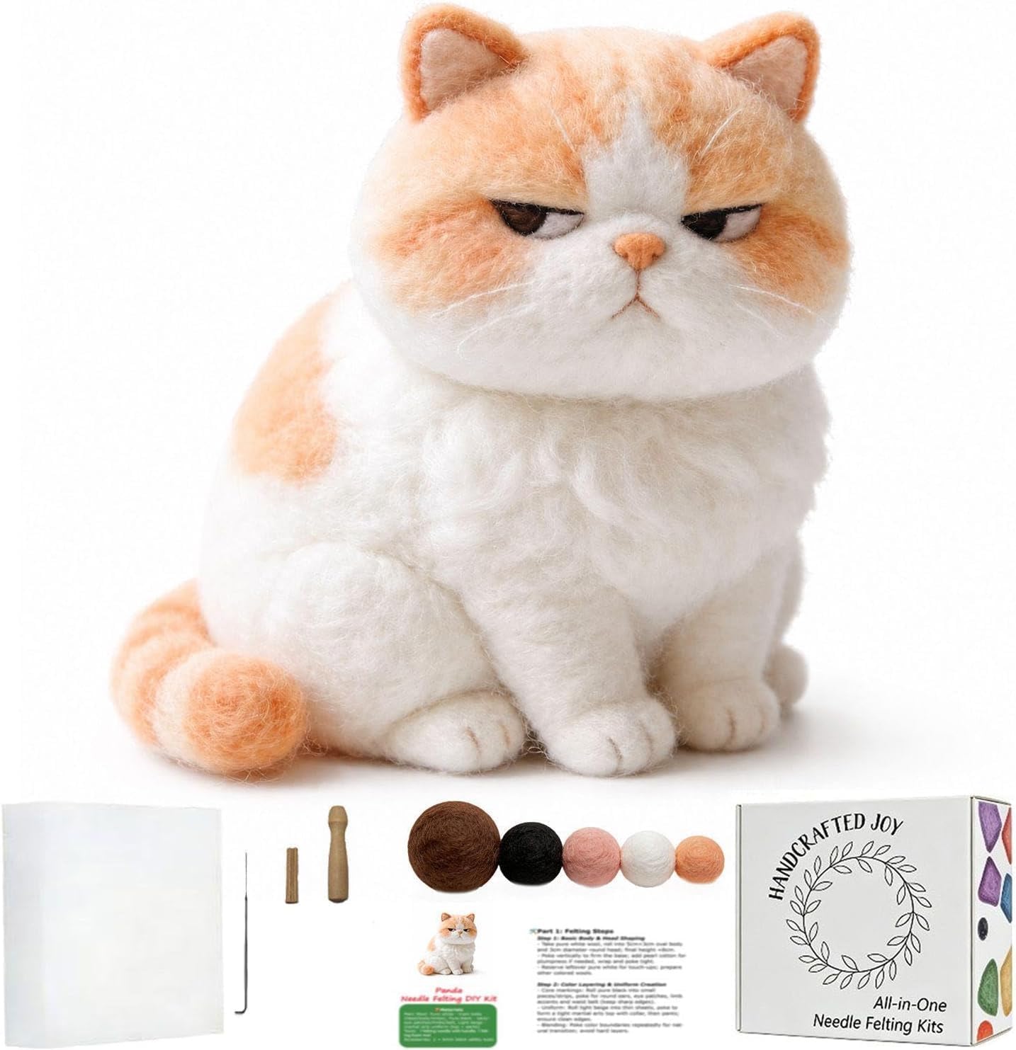 FACE N FACE DIY Needle Felting Kit Cute Grumpy Exotic Shorthair Cat – Needle Felting Starter Kit with Fiber Roving, Needles, Felting Pad & Instructions | Felted Cat Kit for Beginners Adults