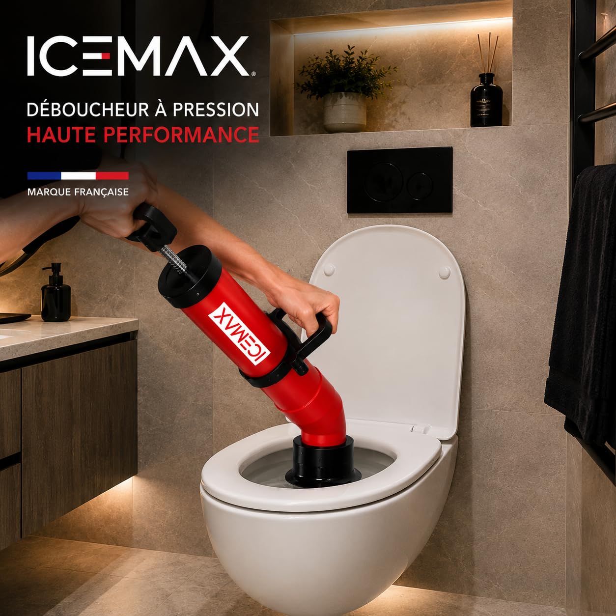 ICEMAX® Déboucheur canalisation WC EVIER DOUCHE avec 3 têtes Marque Francaise I déboucheur wc I déboucheur canalisation professionnel I deboucheur canalisation haute pression I Ventouse déboucheur