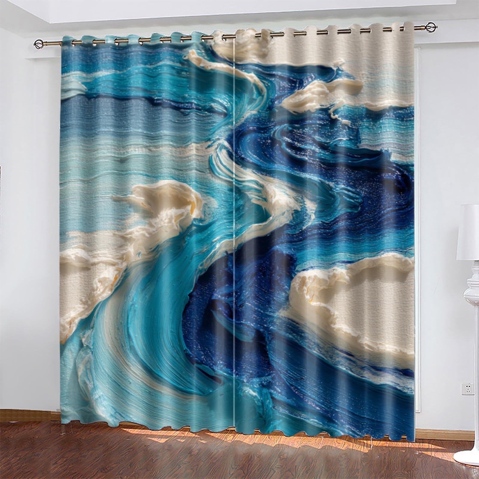 Blackout Eyelet Curtains Blue Beige Graffiti Thermal Blackout Curtains for Bedroom Living Room Black Out Curtain Reduce Noise Eyelet Curtins Durable Polyester Thick Window Curtain 2x75x166cm