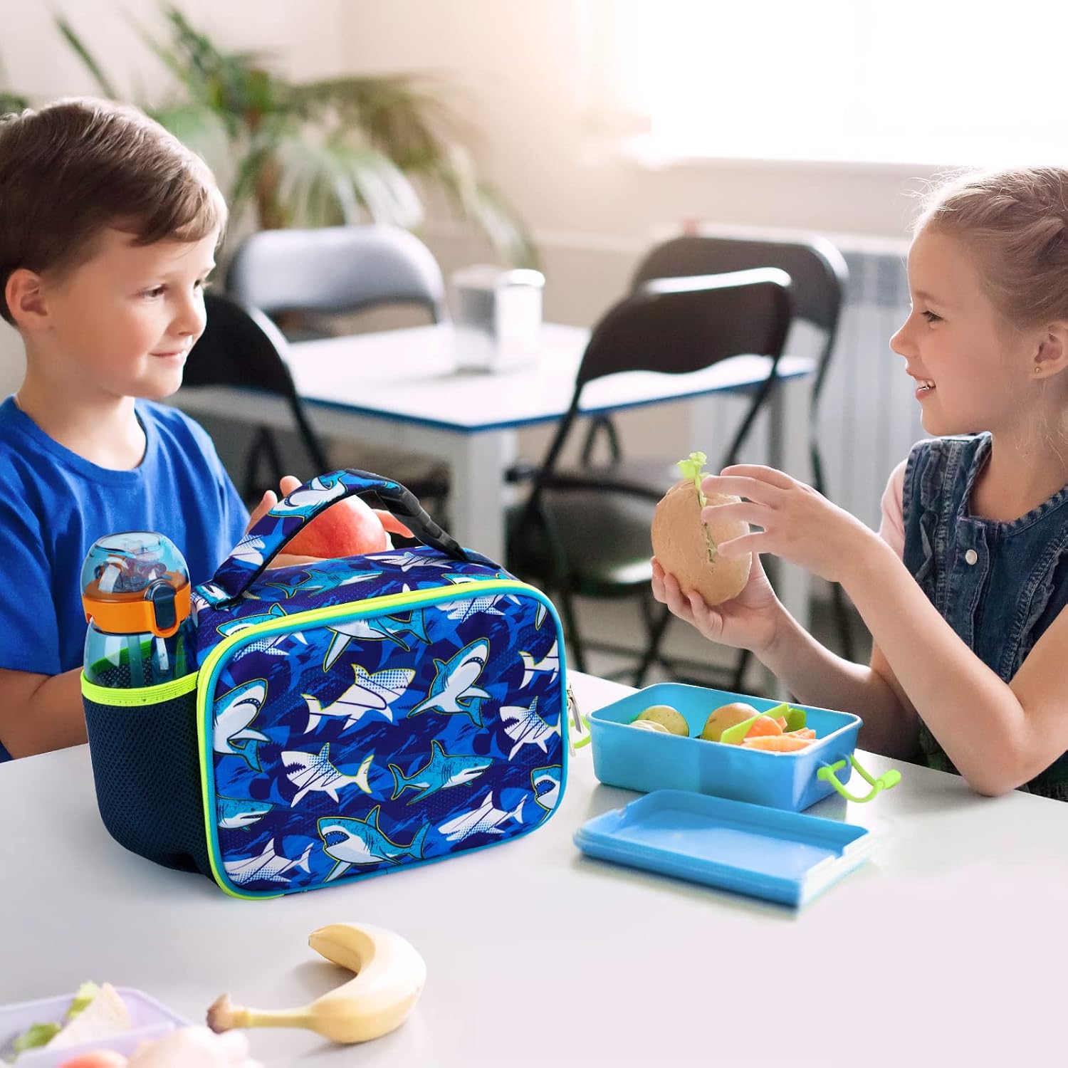 WAWSAM Shark Lunch Box - Insulated Kids Lunch Bag for Boys Student Back to School Portable Reusable Lunch Box for Kindergarten Preschool Lunch Bag with Handle and External Bottle Holder