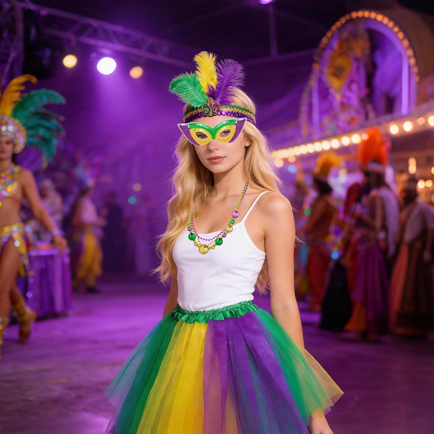 7PCS Mardi Gras Costume Accessories Set Women Tutus Skirt Faux Feather Headband Sequin Mask Bead Necklaces Carnival Costume Outfit for Parades Halloween Masquerade Retro Party - Image 5