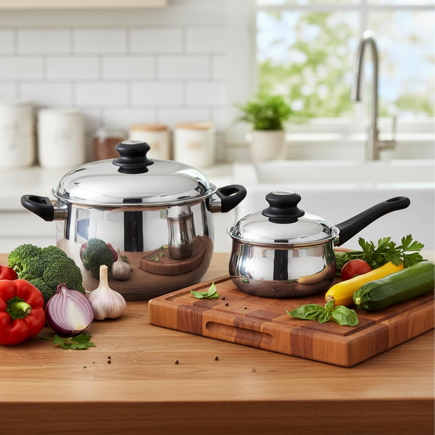 Tuxton Home Nevada 7 Piece Cookware set; Stainless Steel, PFTE & PFOA Free, Freezer to Oven Safe, Induction Compatible; 1QT & 2QT Saucepans, 5QT Dutch Oven, 10" Open Frypan