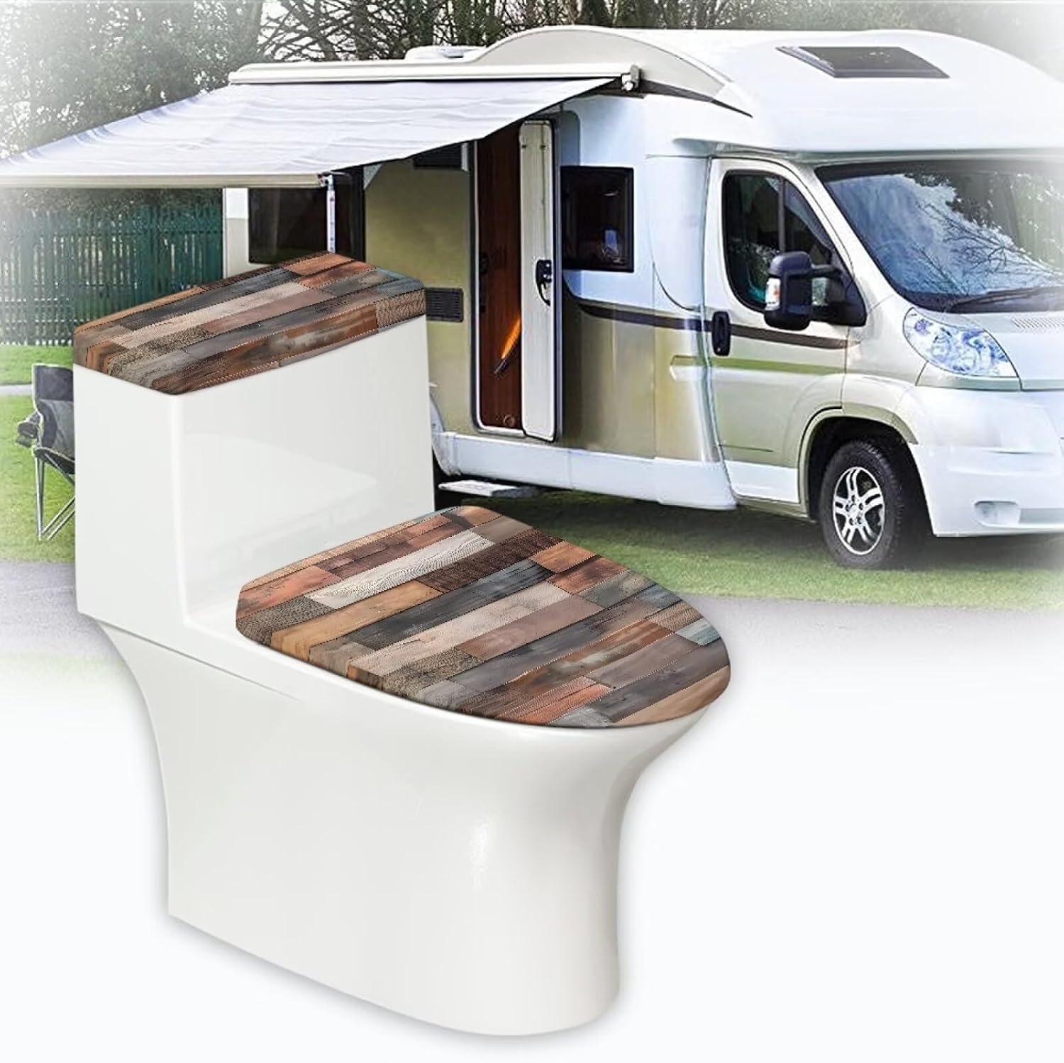 Wood Patchwork Print Toilet Lid Cover with Toilet Tank Lid Cover Portable 2 Pcs Bathroom Toilet Cozy Set Universal Fit for Oval Elongated Round Toilet Seat Covers