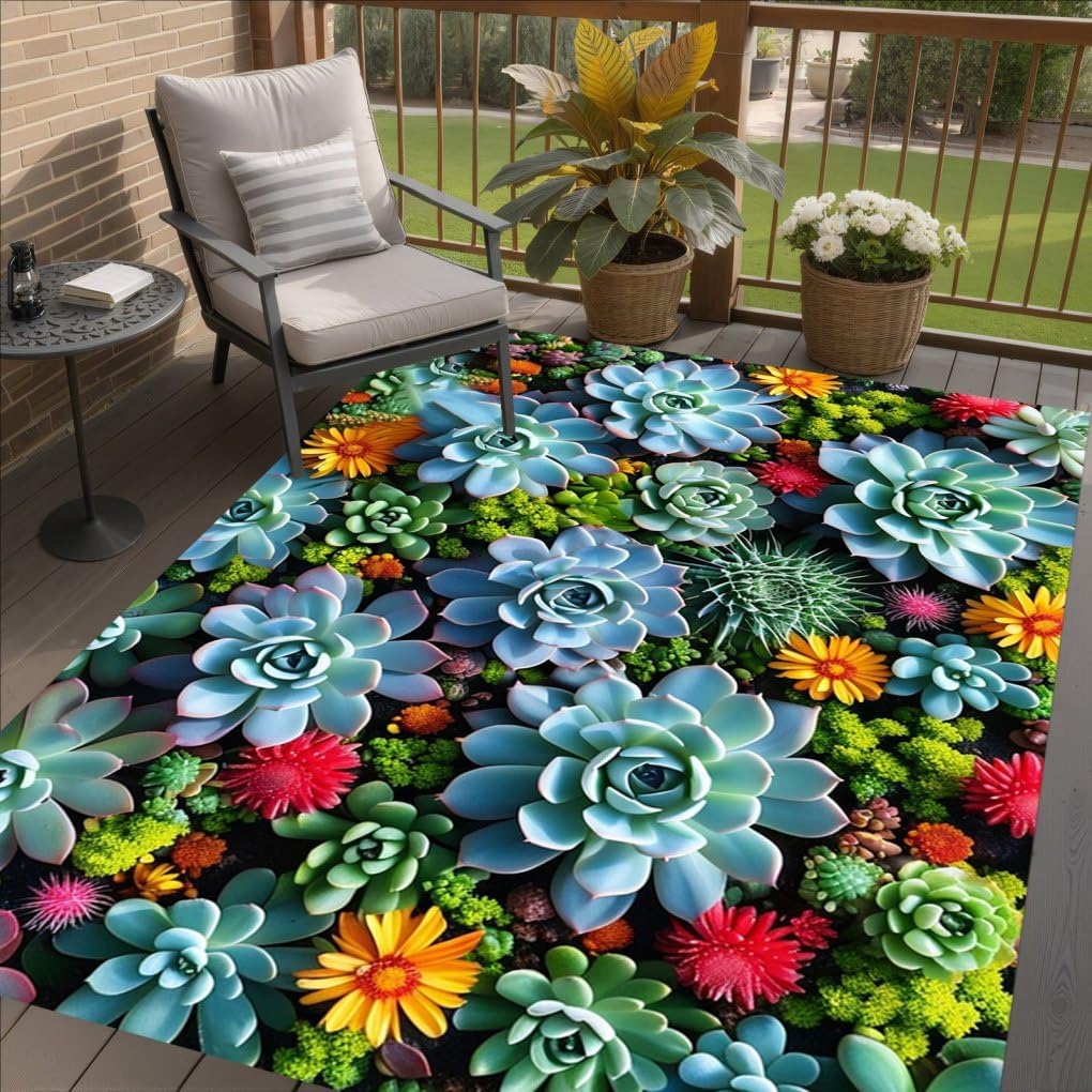Bright Vibrant Multicolor Florals Texture Outdoor Area Rug 5x7 for Porch Patio Deck Balcony Machine Washable No Slip Durable Large Carpet in Backyard Foyer Garden Pool Rustic Natural Aesthetic Rugs
