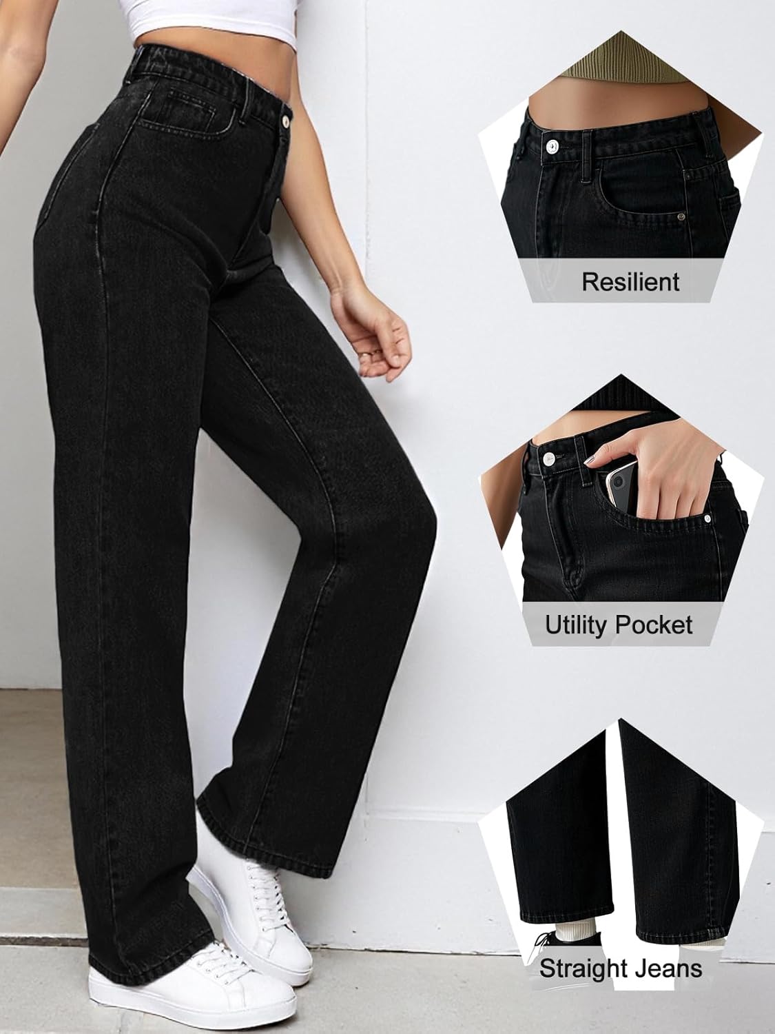 Women's Straight Leg Jeans Tummy Control Trendy High Waisted Stretchy Casual Denim Pants Baggy Trousers - Image 3