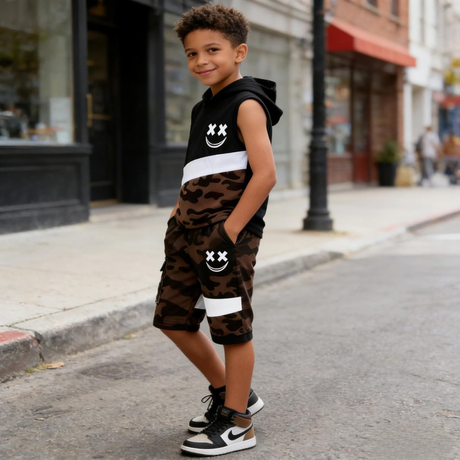 Boys Summer Clothes 2PCS Color Block Hooded Sleeveless Tee Tops & Camo Shorts Set Teen Boys Outfits Size 6-12Y - Image 5