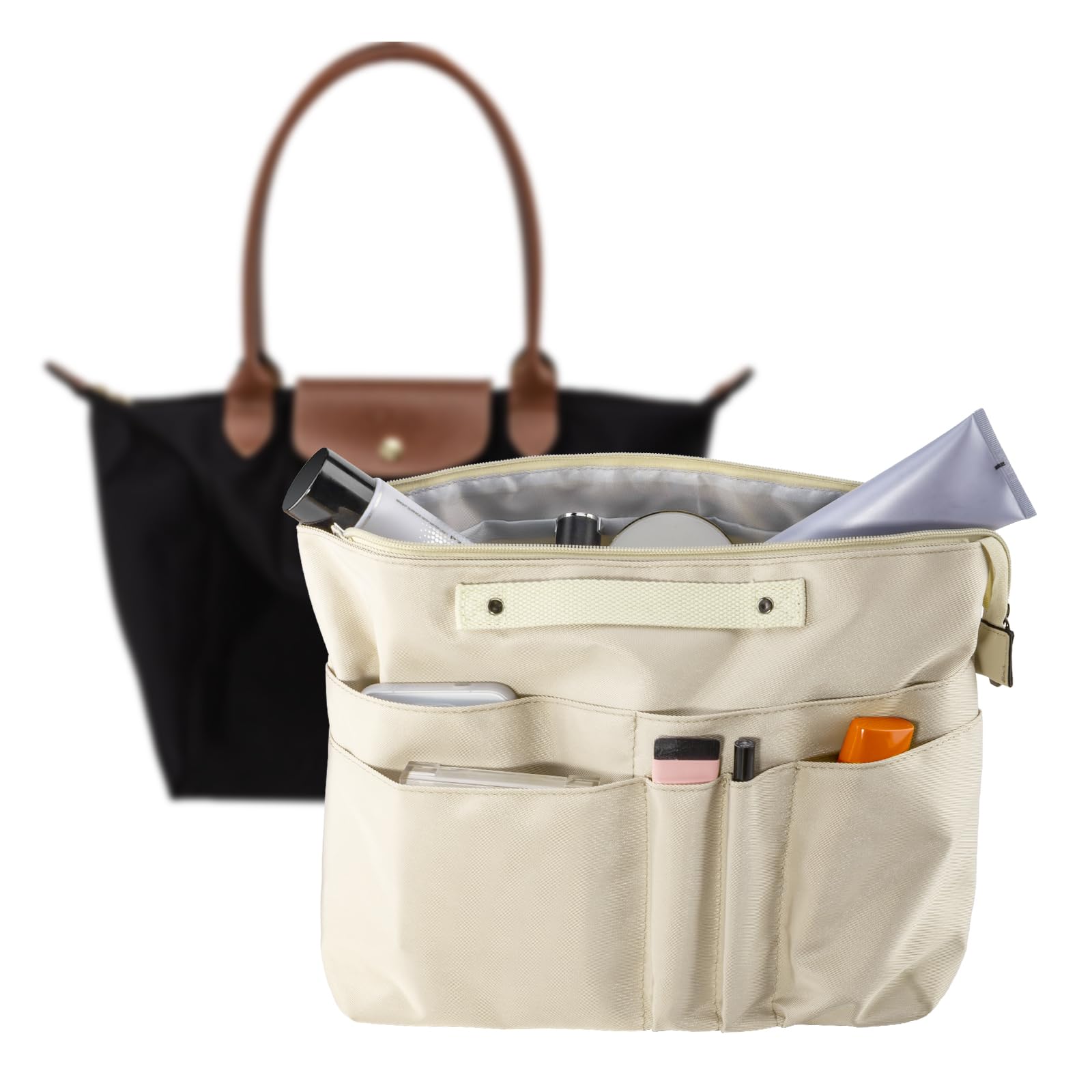 HYEPNED Bag Organiser for Longchamp Le Pliage Large, Handbag Organiser Insert with Zipper and 15 Pockets for Women Tote Bag