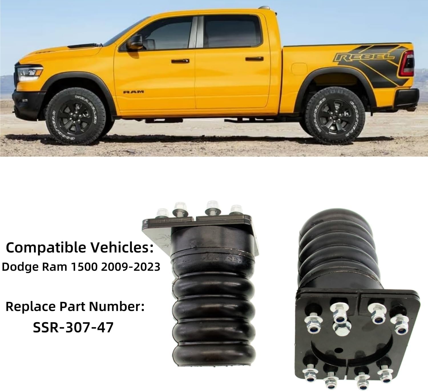 SSR-307-47 2Pcs Rear Suspension Air Helper Spring Kit Replacement for Dodge Ram 1500 2WD 4WD 2009-2023 | Rear Leaf Spring Suspension Kit | Springs Helper Bump Stops, Black