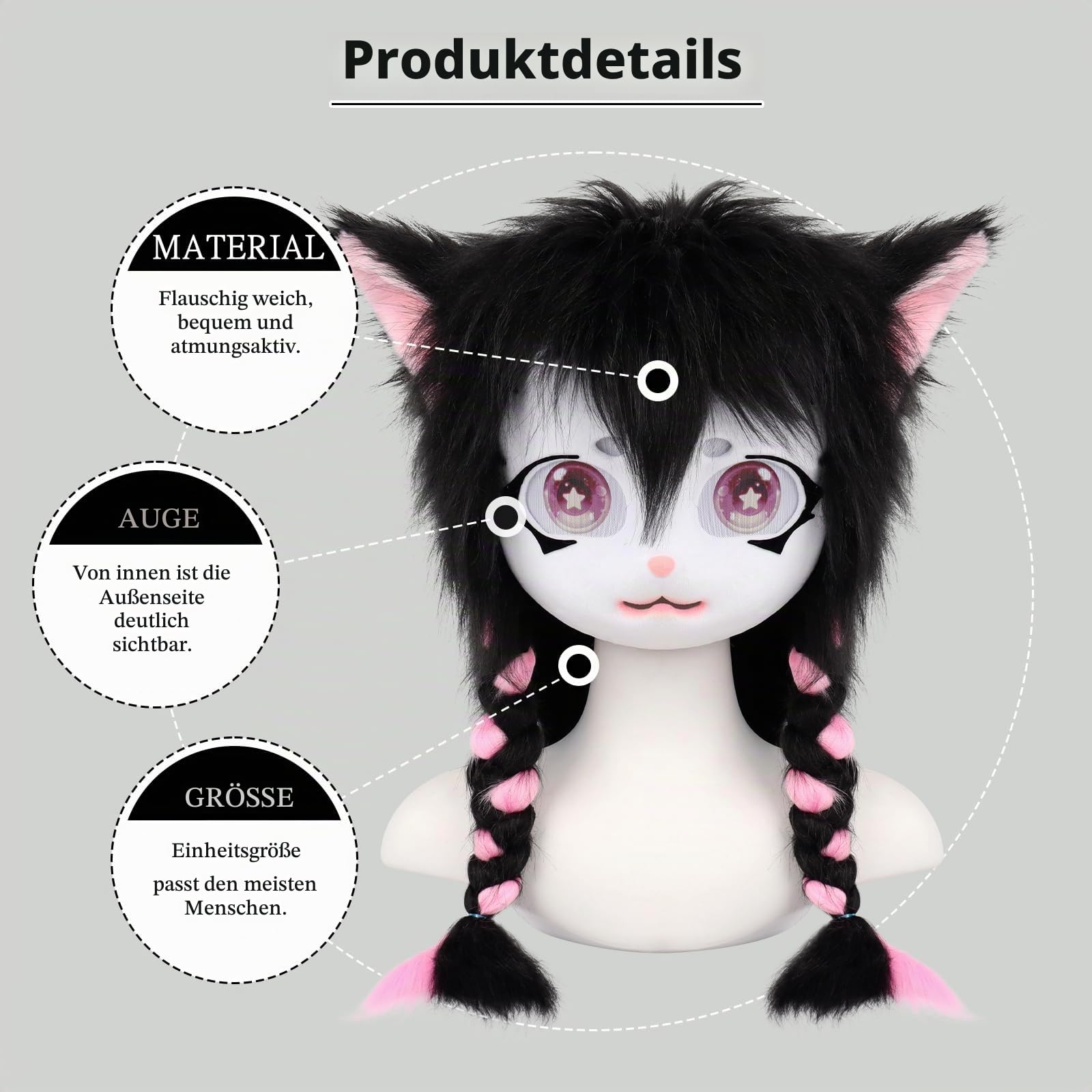 Pelzige Tierkopf Maske Zöpfe Pelzanzug Halloween Maskerade Partys Cosplay Kostüm Kopfbedeckung