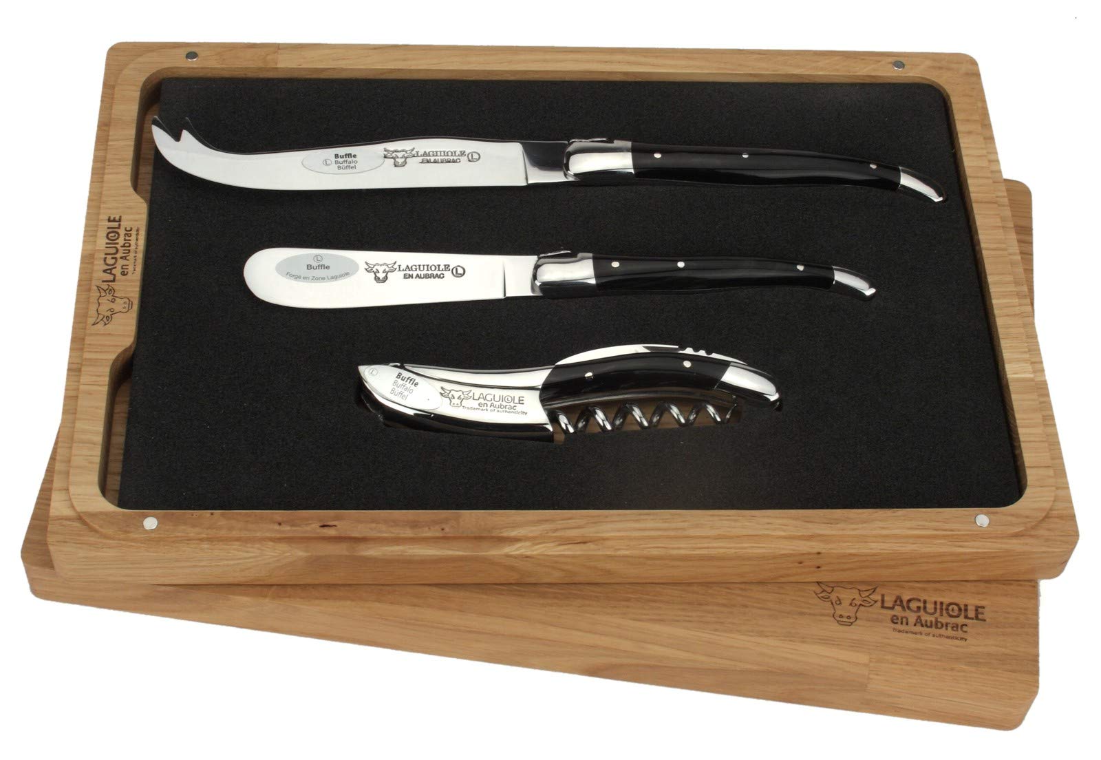 Laguiole en Aubrac - Set Kellnermesser Käsemesser Buttermesser - Griff Büffelhorn - Edles Wein Käse Besteck Geschenkset