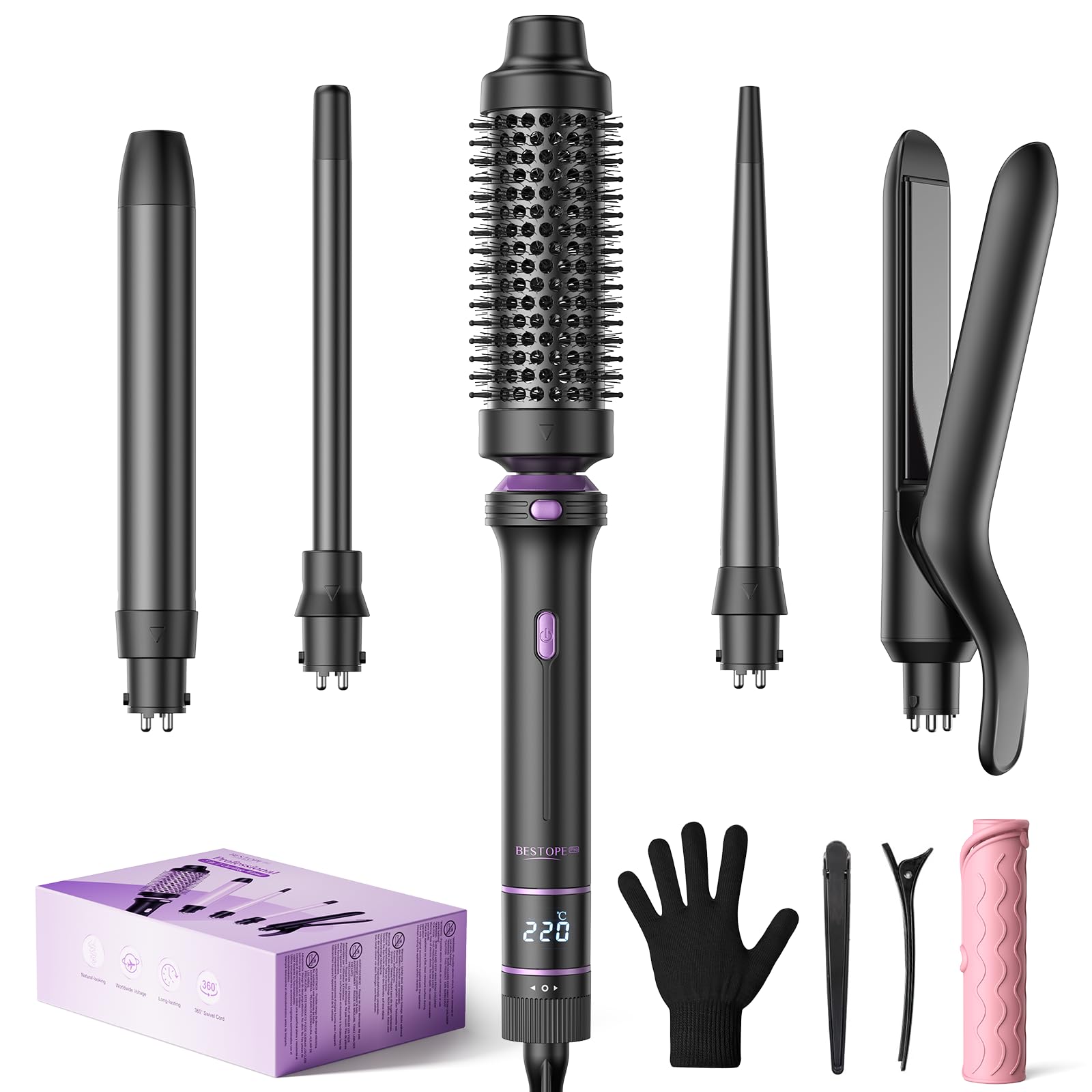 BESTOPE PRO 5 in 1 Hair Curling Wand, Hair Curler Set including Thermal Brush and Hair Straightener
