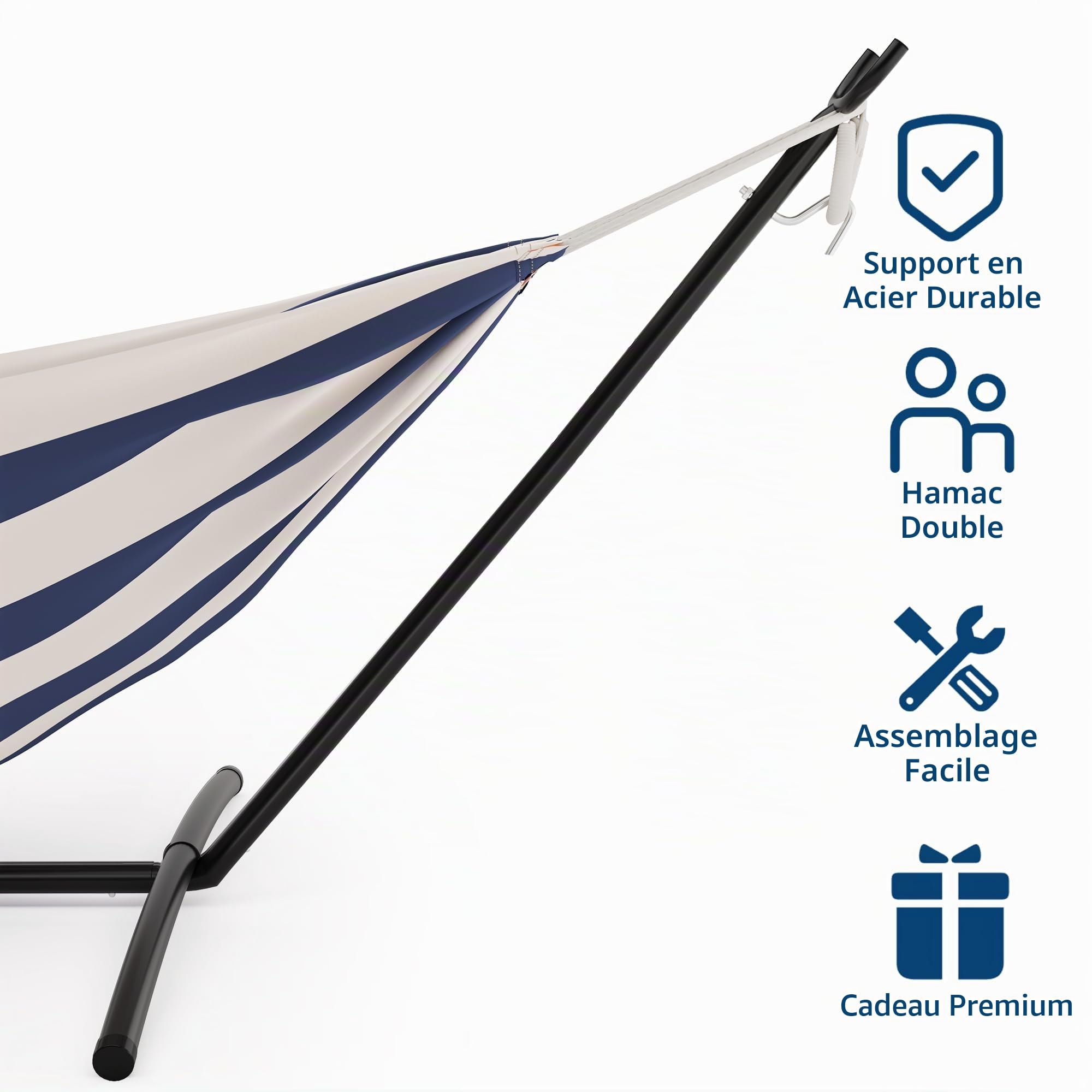 Garvee Hamac Double Robuste pour 2 Personnes avec Support en Acier – Lit brésilien en Coton – Capacité 450 LB – Portable avec Sac de Transport – Idéal Jardin, Camping, terrasse – Rayé Bleu et Blanc