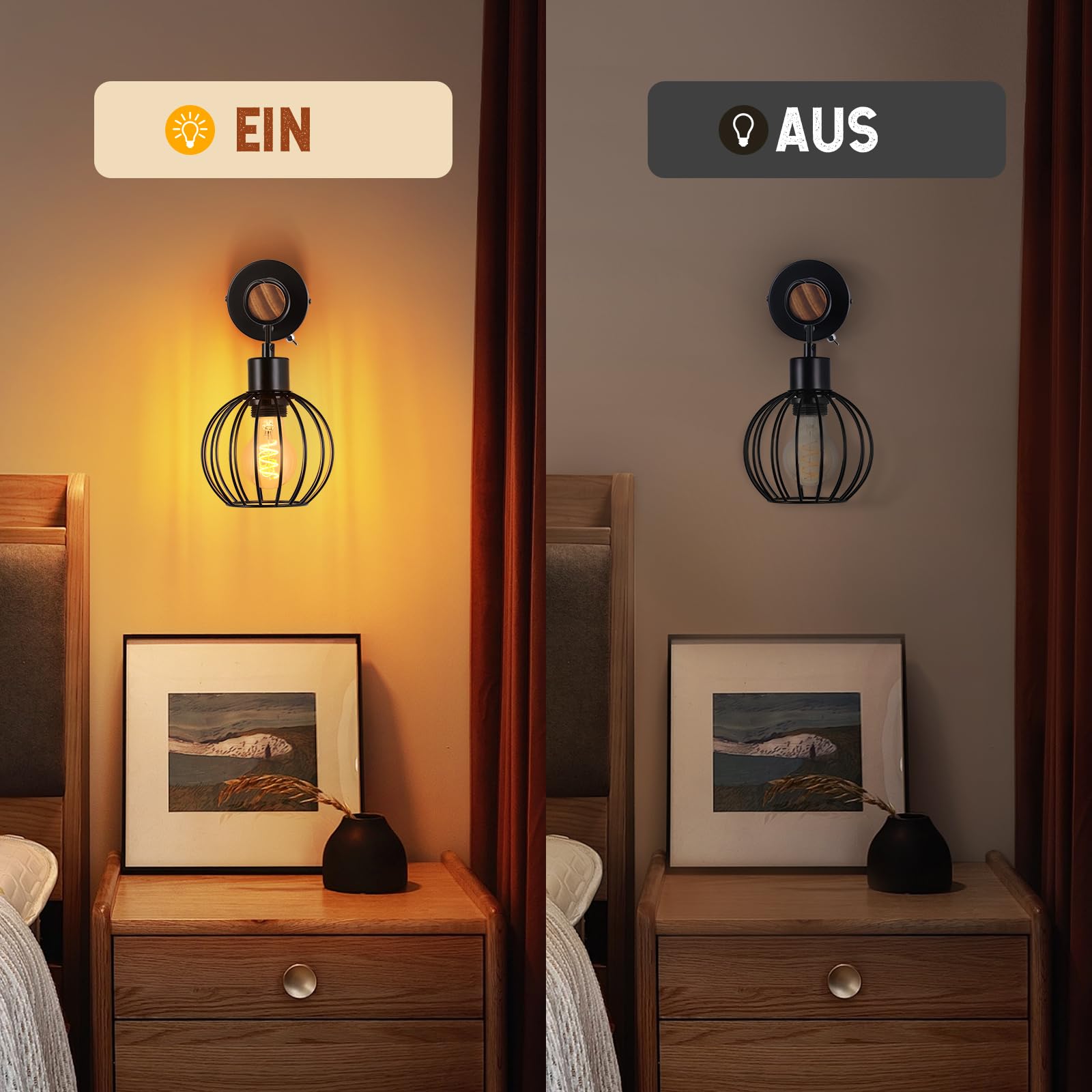 ZMH 2er Wandleuchte Wohnzimmer Vintage Holz: Wandlampe mit Schalter Wandbeleuchtung Schwarz im industrial Design E27 Wandstrahler aus Metall Bettlampe für Schlafzimmer Flur Cafe - Ohne Leuchtmittel