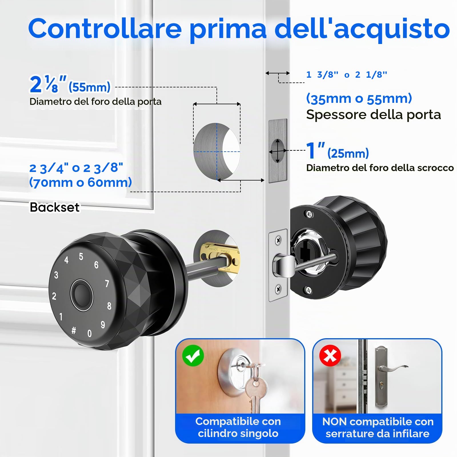Smart Lock, Pomello Porta Intelligente con Impronta Digitale, Tastiera | Controllo App, Senza Chiavi per Stanze,Garage,Uffici,Appartamenti, Memorizzazione Dati in Locale, Compatibile con Apple Watch