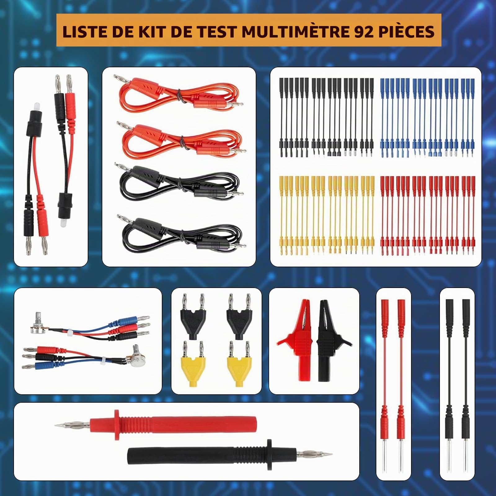 Kit de Fils de Test Multiples, 92 PCS Kit d'Accessoires Remplaçables de test electrique,Sonde Multimètre Cordon de Test,Dépannage du Système de Circuit Multifonctionnel du Véhicule