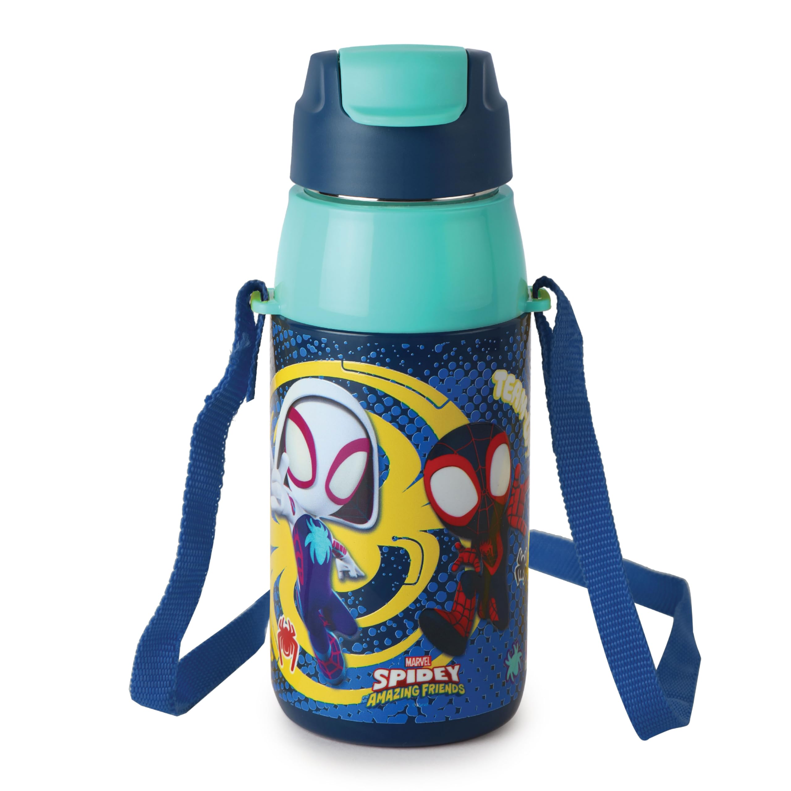 CELLO Kidzbee Era 400 Insulated Kids Water Bottle 400 ml, Navy Blue | 3D Touch & Feel Web Warriors Design One Hand Grip Lightweight Leakproof Easy Sip Flip Cap Insulated Water Bottle for School Kids