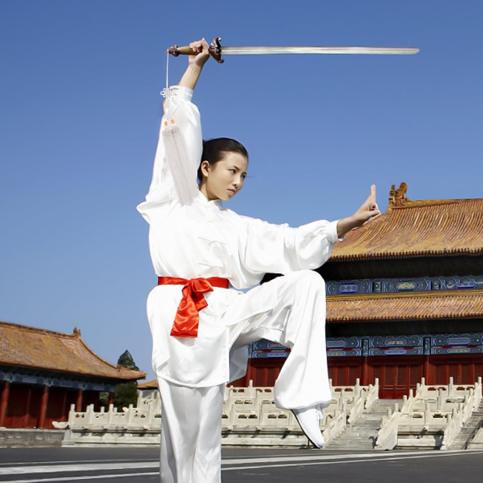 FUOYLOO Borla de Espada Nudo Chino en Seda Hielo White, Accesorio para Entrenamiento y Exhibición en Artes Marciales, Compatible Abanicos y Equipo de Esgrima