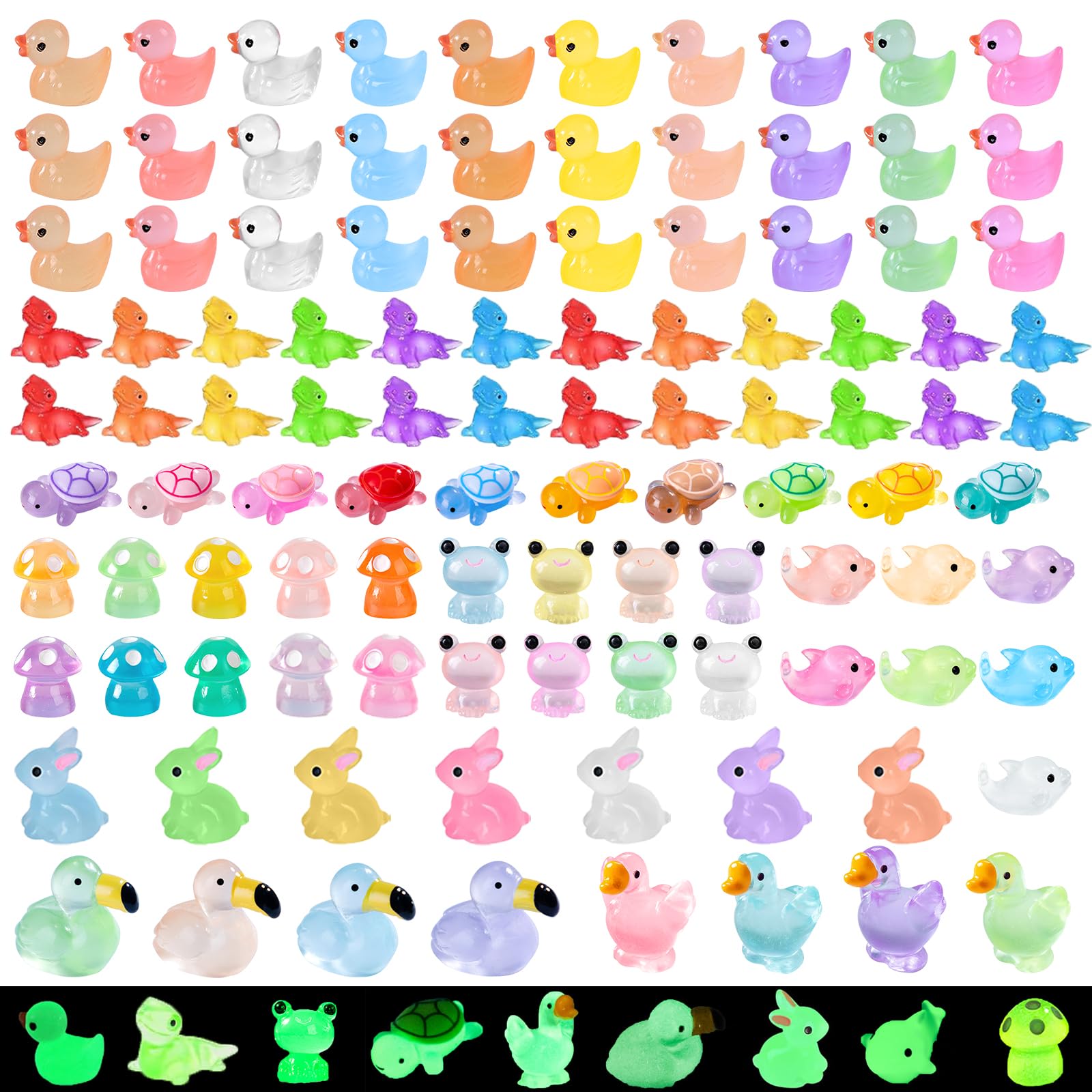 200 Pcs Luminous Mini Resin Ducks Lizards Tiny Frog Flamingo Glow in The Dark Resin Animals Mushroom Rabbit Aquarium Landscape Bonsai for Micro Dollhouse Decorations DIY Hide Seek