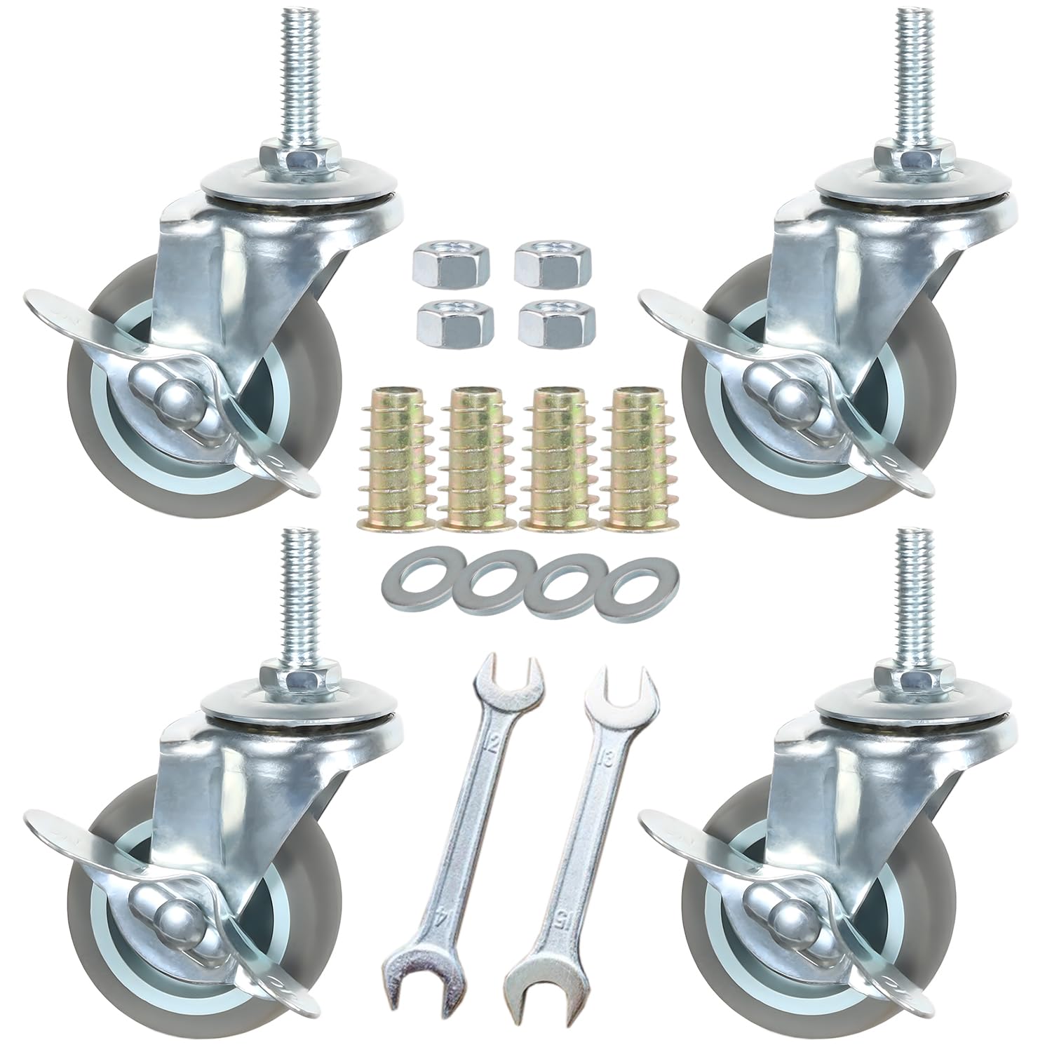 DICASAL 4 Inch Stem Casters with Imperial 5/16-18x1 Inch(Stem Diameter 5/16 Length 1 Inch) Heavy Duty and Highly-Elastic TPR Wheels Mute Castors with Side Brakes Pack of 4