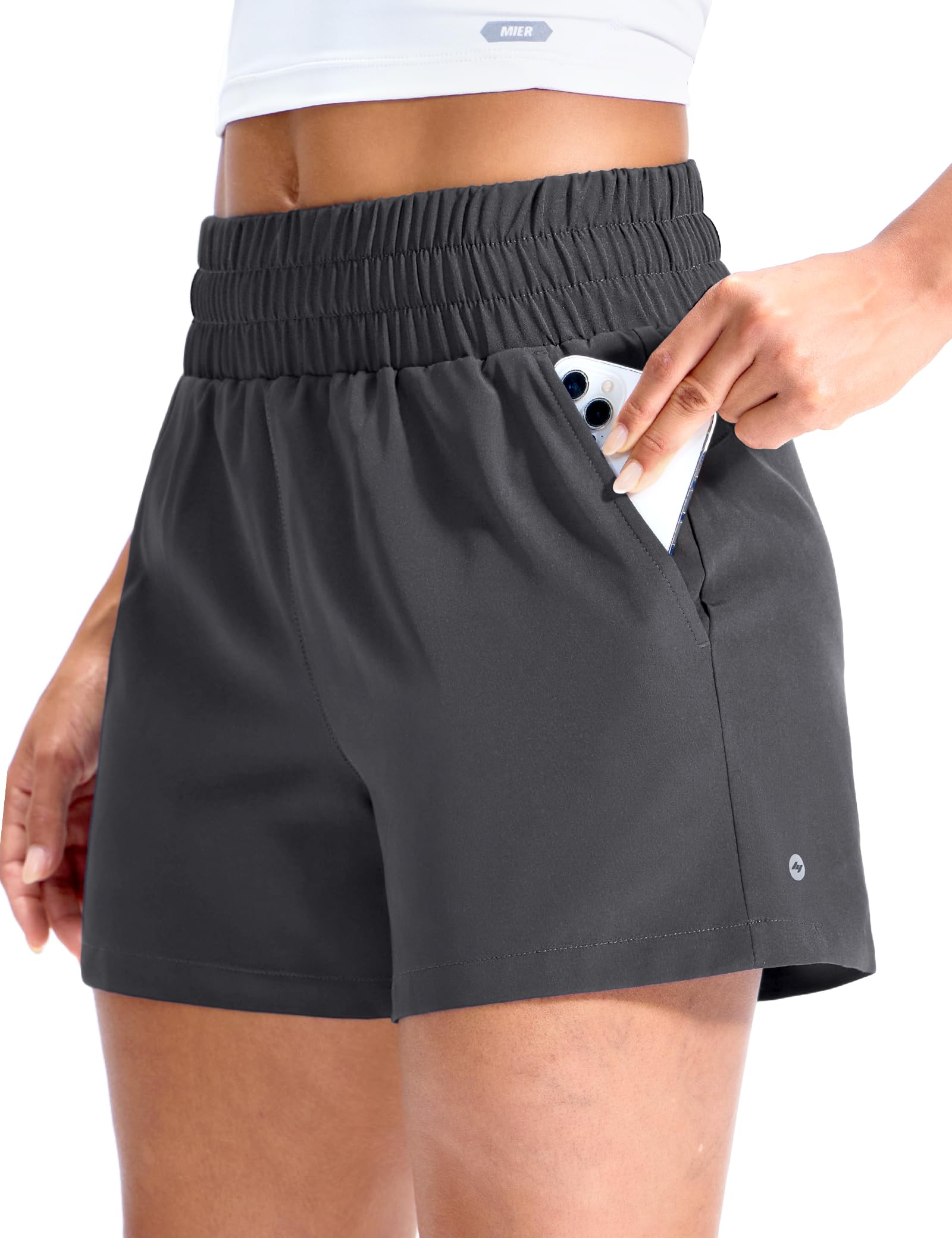 MIER Running Shorts for Women Quick Dry Mid Waisted Athletic Workout Gym Shorts with Mesh Liner, 4 Inch Inseam, 3 Pockets