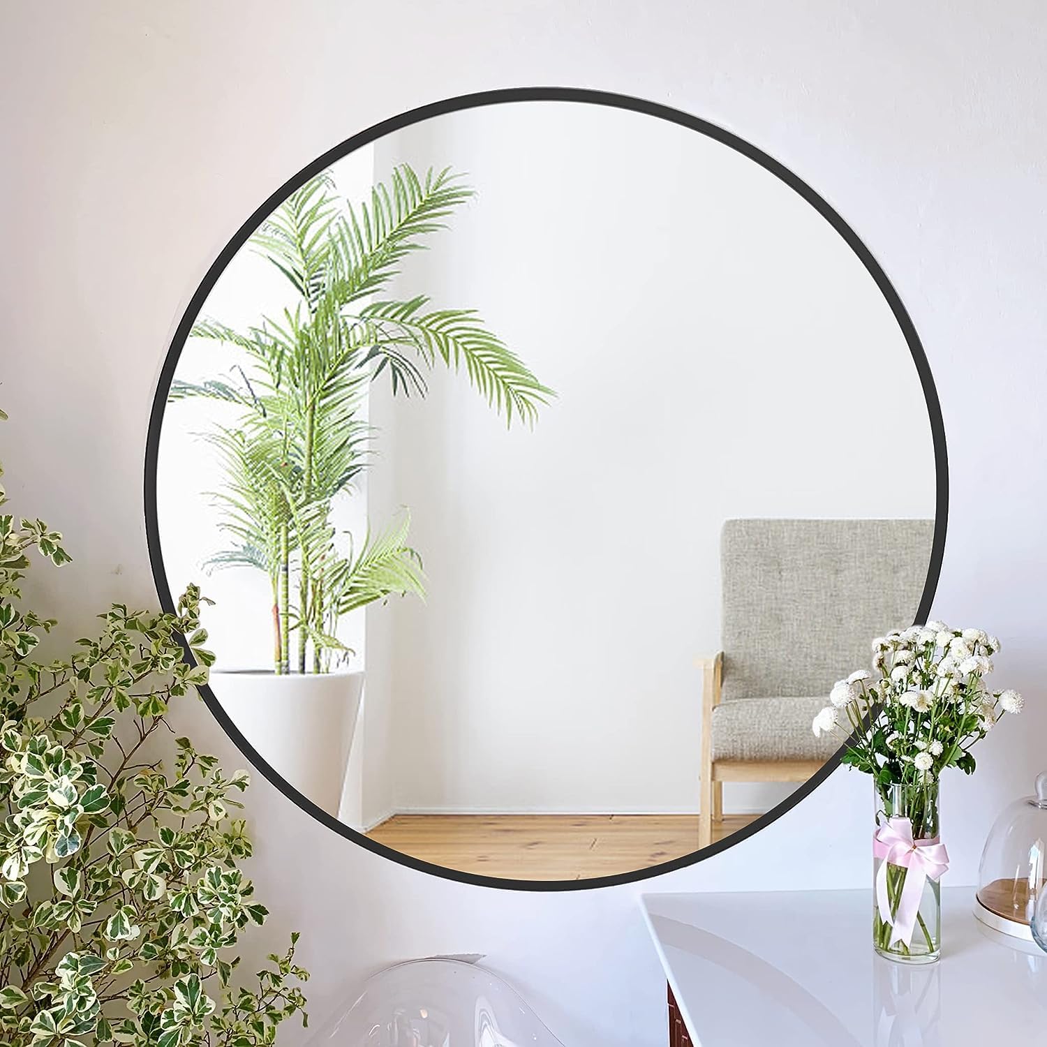 Round Mirror for Wall, 76x76 cm Metal Framed Circle Mirror, Large Bathroom Mirror, Black Wall Mirror for Living Room Bedroom Entryway Decor