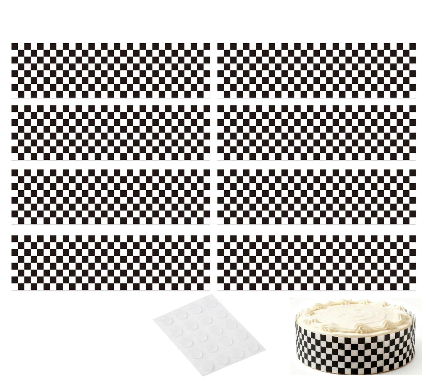 8 Pcs Race Car Cake Border Strips, 28x7.4cm/11x3in Black White Checkered Birthday Cake Border Strips Decoration Non-Edible Dessert Decorations Craft Accessories for Birthday Party Supplies