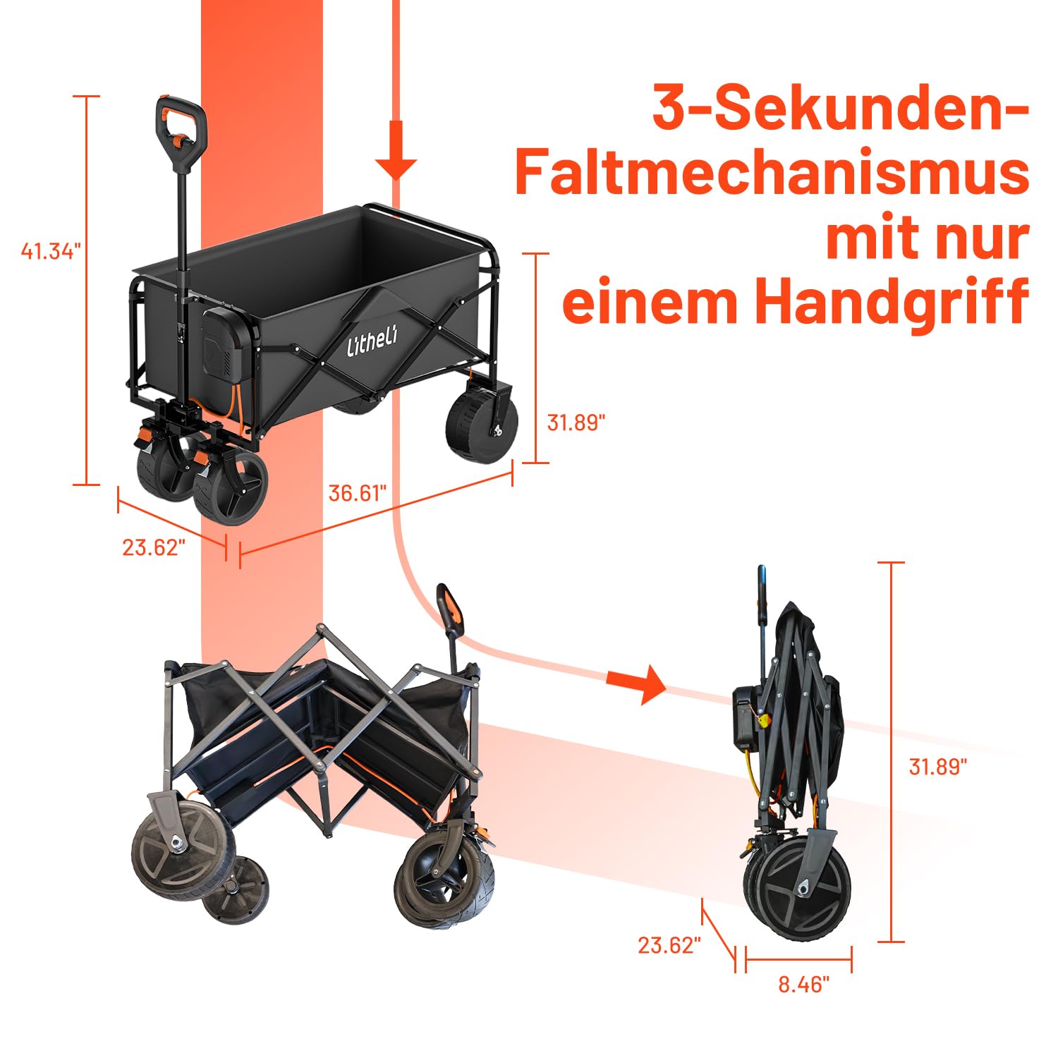 Litheli Carrello elettrico pieghevole, con motore e freni, portata 100 l, 50 kg, adatto per campeggio, giardino, spiaggia, shopping (nero, W1 Go, senza batteria)