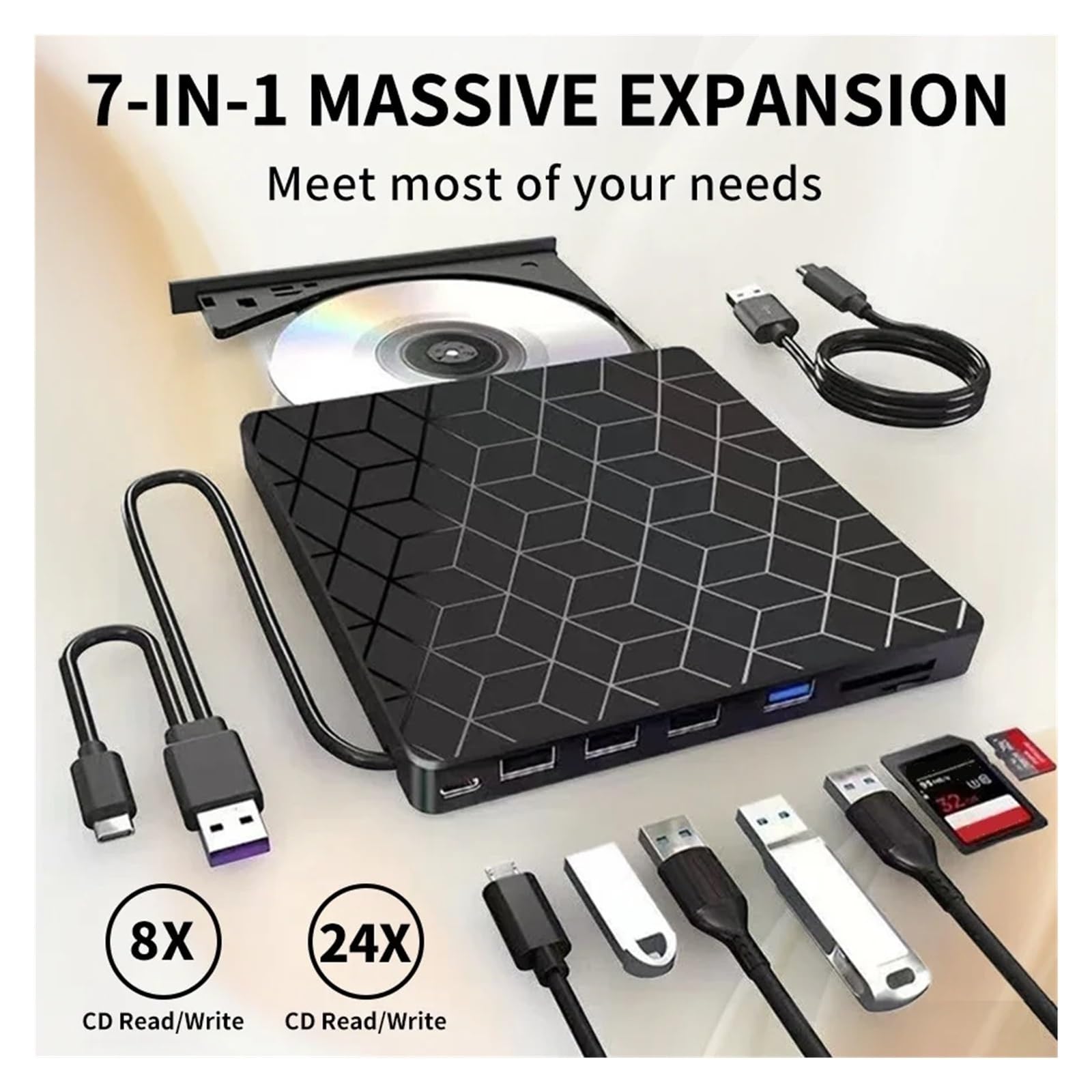 7 W 1 Zewnętrzna Nagrywarka DVD, Napęd Optyczny USB 3.0 Typu C, Nagrywarka CD DVD, Przenośny Czytnik Do Laptopa, Komputera Stacjonarnego, Notebooka