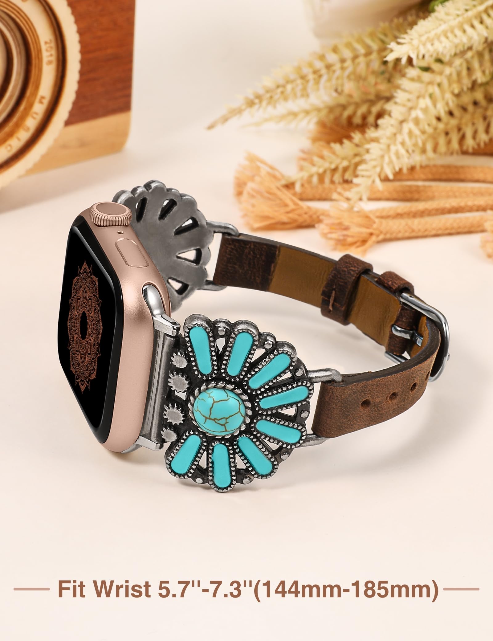 W-RARA Leather Band Compatible with Apple Watch Band Women 38/40/41/42/44/45/49mm, Boho Western Vintage Turquoise Ethnic Antique Style Strap for iWatch Series Ultra 2 SE 9 8 7 6 5 4 3 2 1