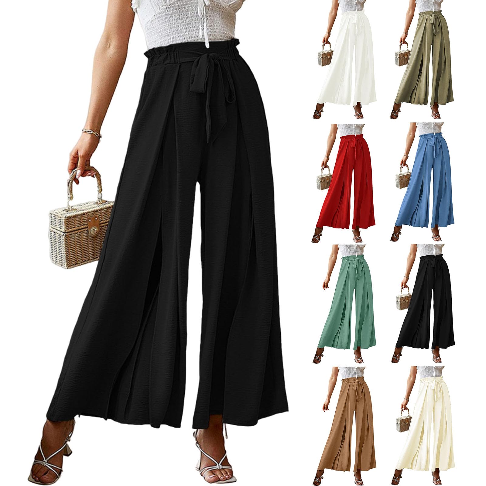 Mmoneyake Womens Wide Leg Lounge Pants Bow Tie Belt High Waist Pants Summer Flowy Palazzo Pants Business Casual
