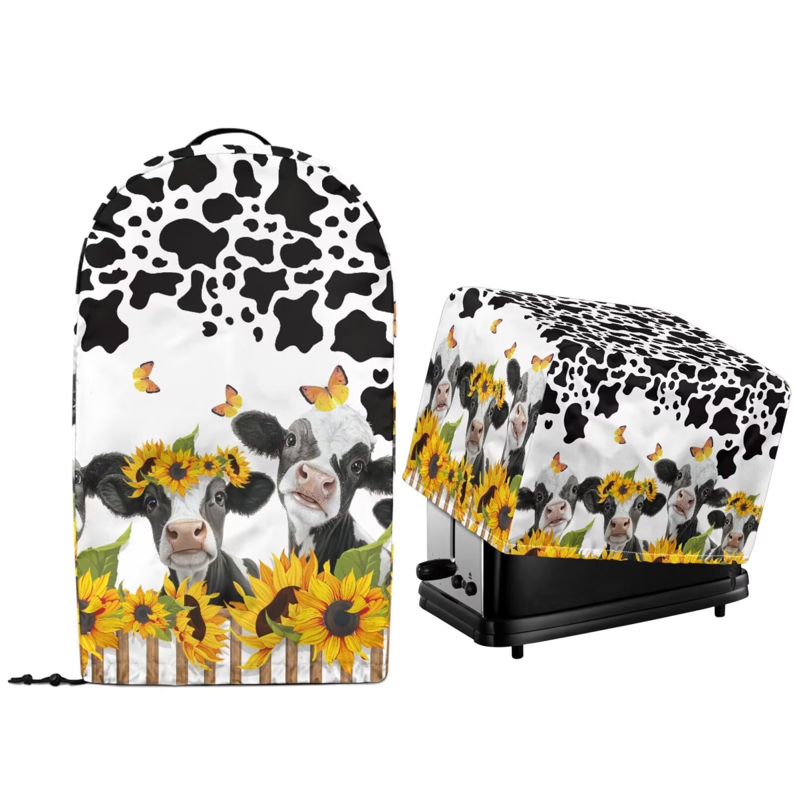 2 Pcs Kitchen Small Appliance Dust Cover with Drawstring Hem Sunflower Farm Cow Print Stand Mixer Blender and Toaster Oven Bread Maker Machine Covers