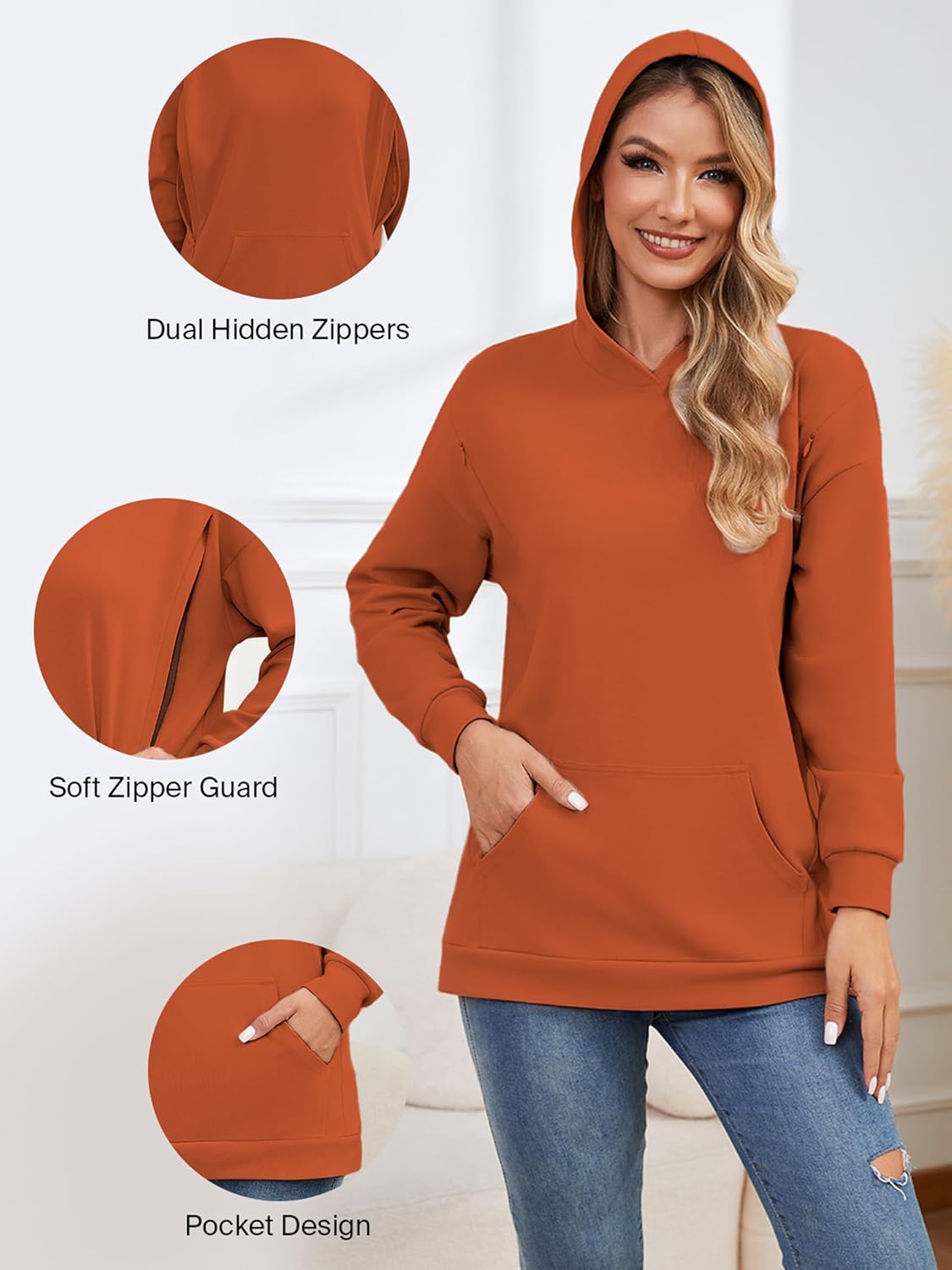 Ecavus Women's Maternity Nursing Sweatshirt Hidden Zipper 2025 Long Sleeves Oversize Breastfeeding Pullover Tops with Pockets - Image 4