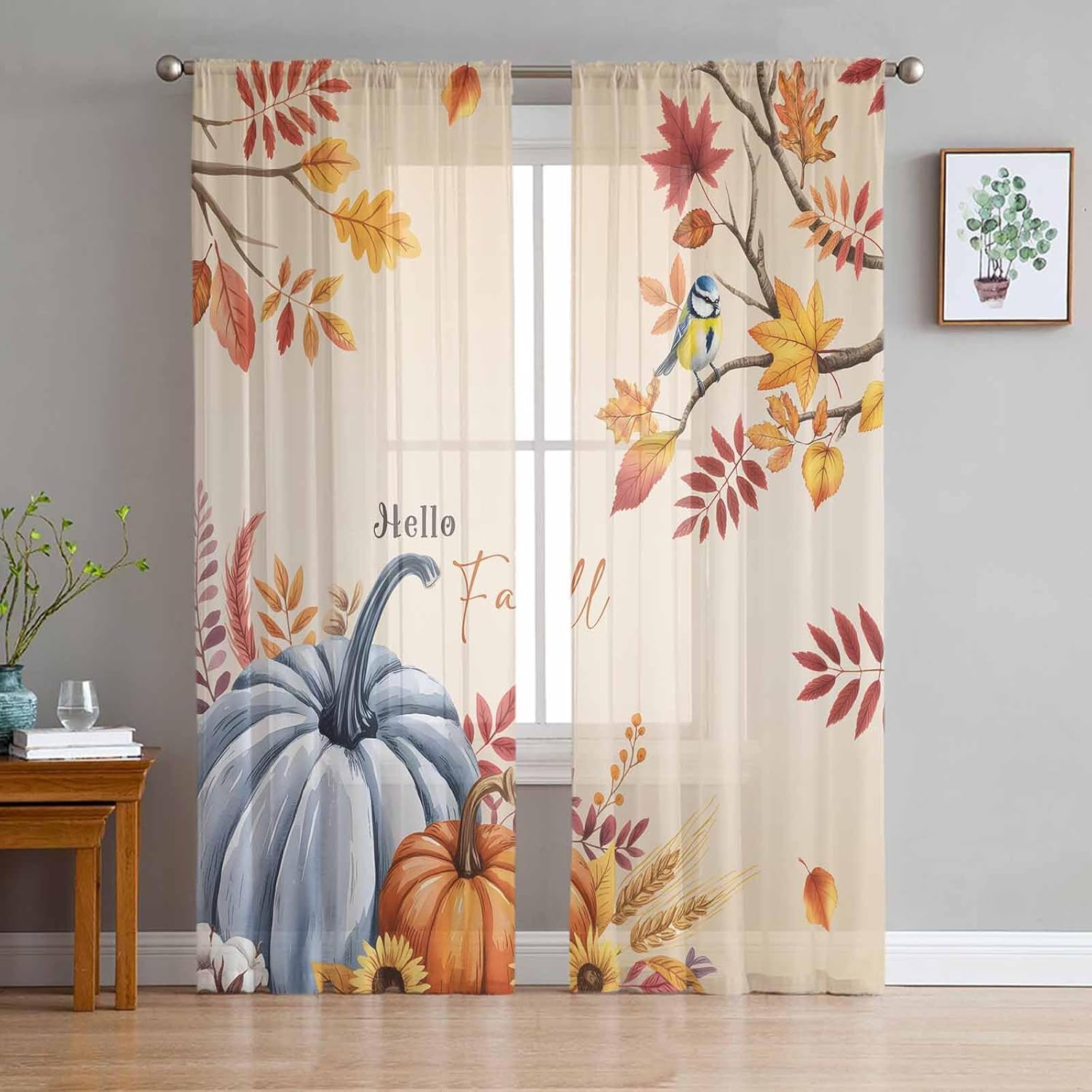 2 PCS Hello Fall Semi-Sheer Curtains 63 Inches Long - Rod Pocket Voile Panels, Window Drape Chiffon Fabric Sheer Curtains for Living Room Bedroom, Thanksgiving Pumpkin Leaves Bird Blue Orange 104x63