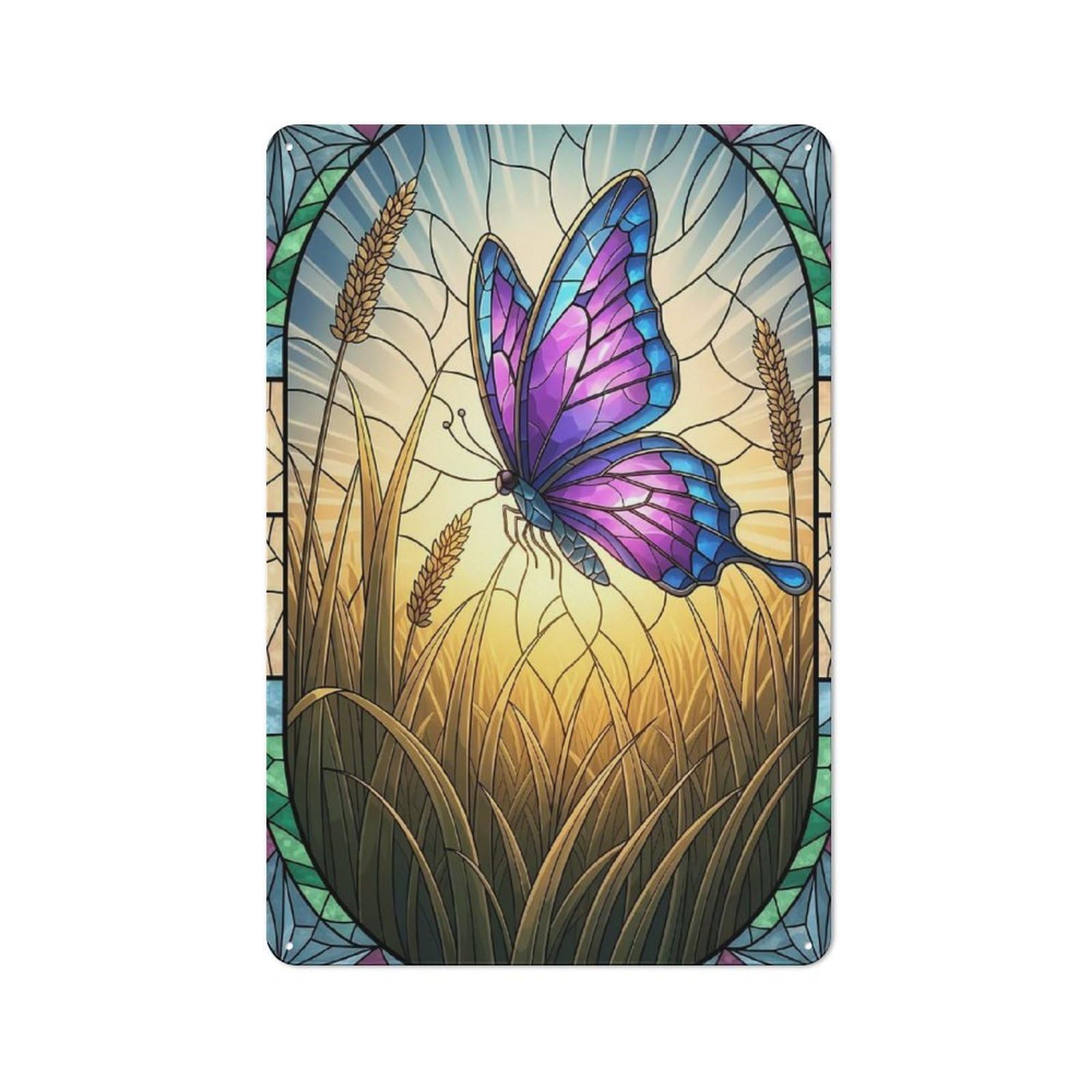 Junmoney Style-19 Butterfly In Stained Glass Printed Metal Sign 30X20cm For Café Or Home Bar, For Kitchen And Home Bar Decor, For Cafés, Pubs And Restaurants