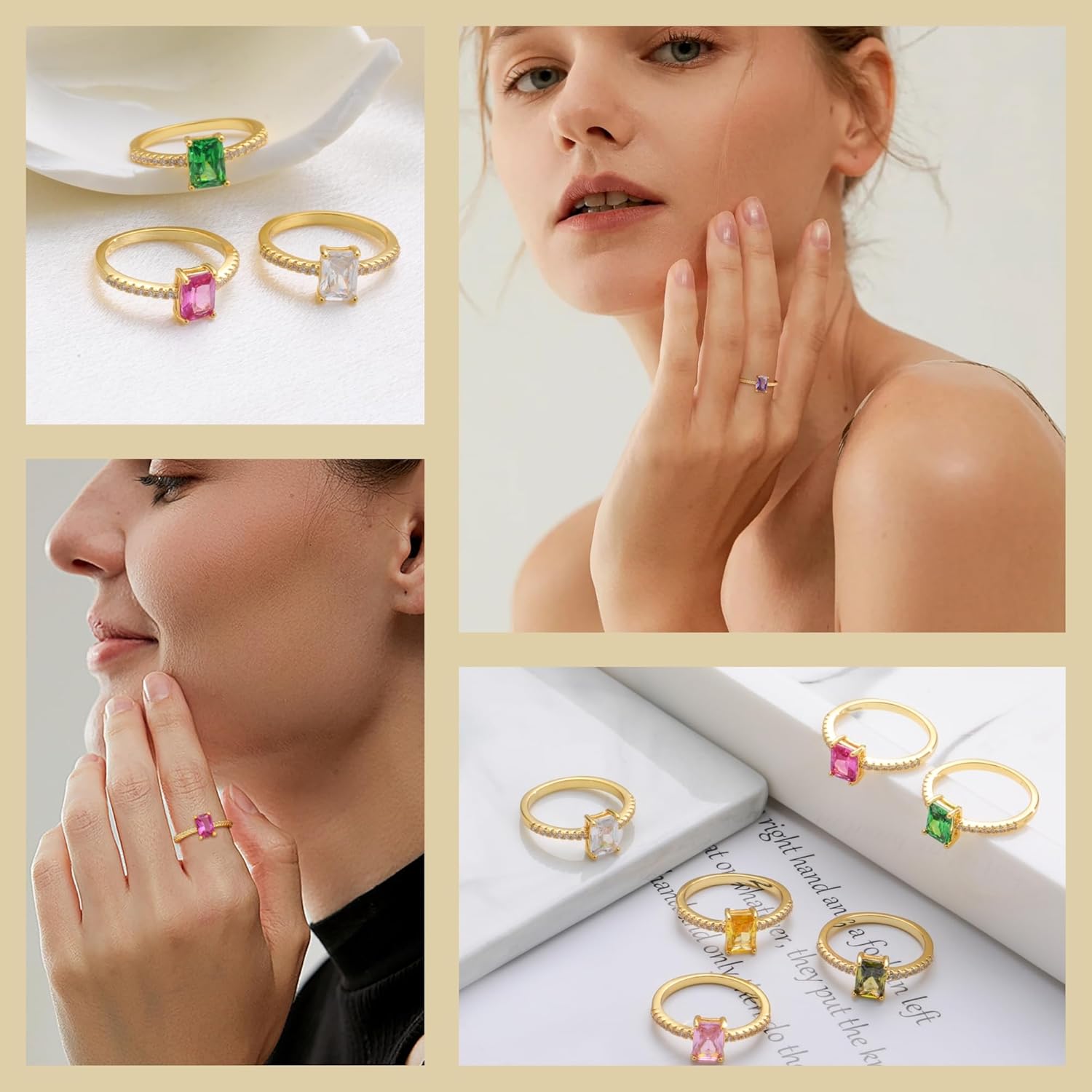 Honsny Gold Birthstone Rings for Women Non Tarnish Wedding 14K Gold Plated Emerald Engagement Promise Rings Cubic Zirconia Stackable Dainty Gemstone Pinky Eternity Band Ring Jewelry Birthsday Gifts - Image 6