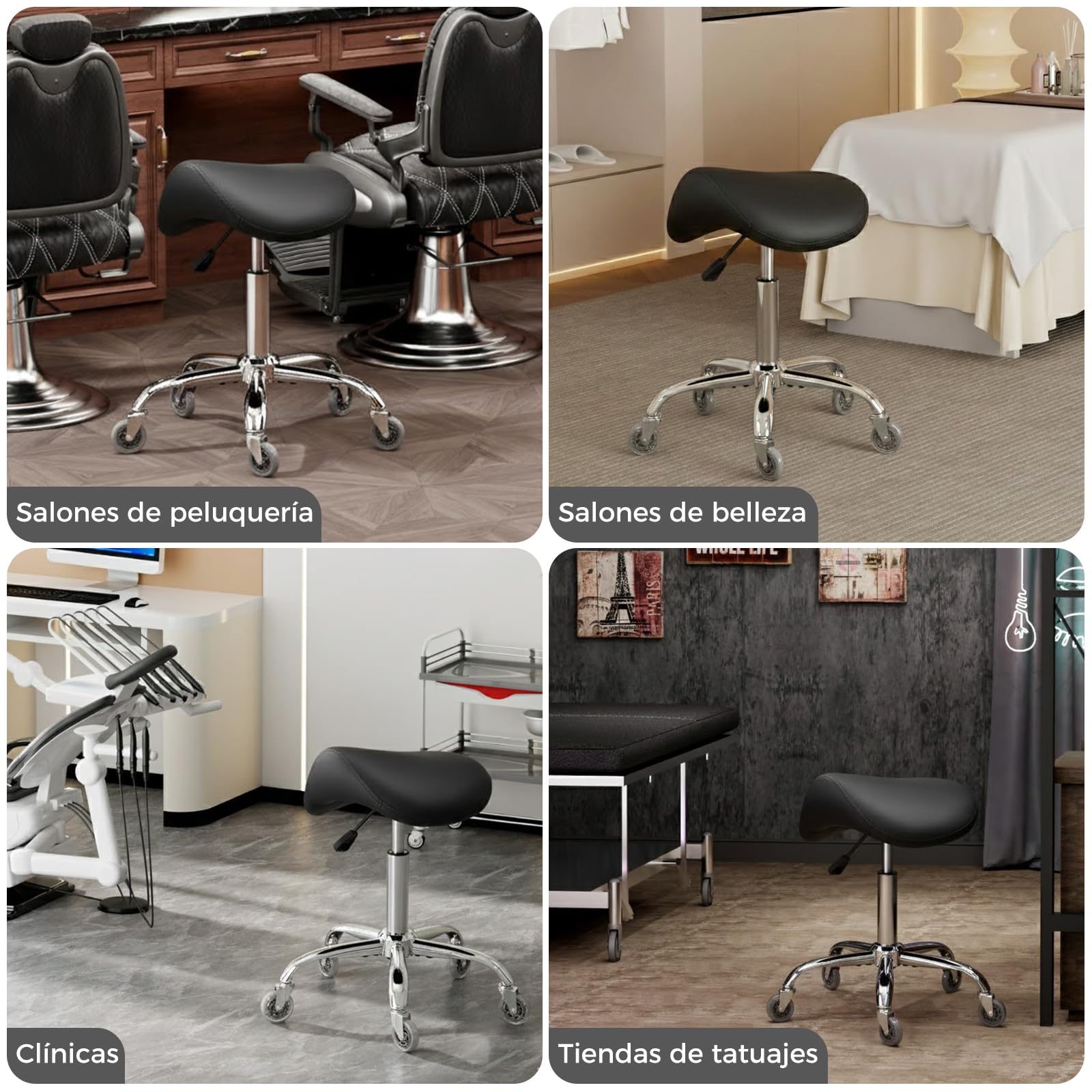 BEWISHOME Taburete Ergonómico de Silla de Montar con Ruedas, Ajuste Hidráulico Altura, Cojín Asiento Más Ancho, Adecuado a Peluquerías, Oficinas, Centros Masajes y Salones Belleza (Negro)